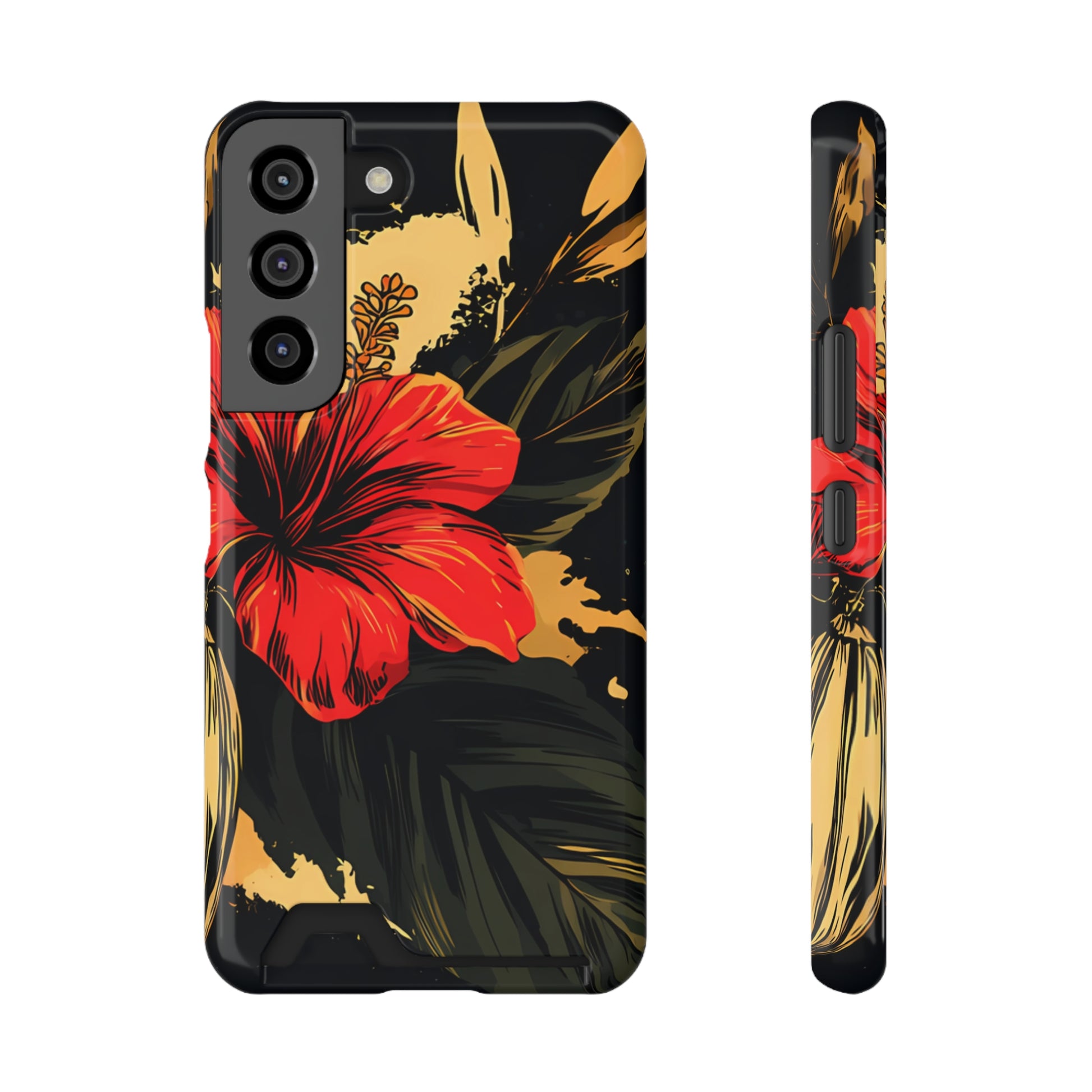 Tropical floral phone case with card holder featuring bright hibiscus and flower design