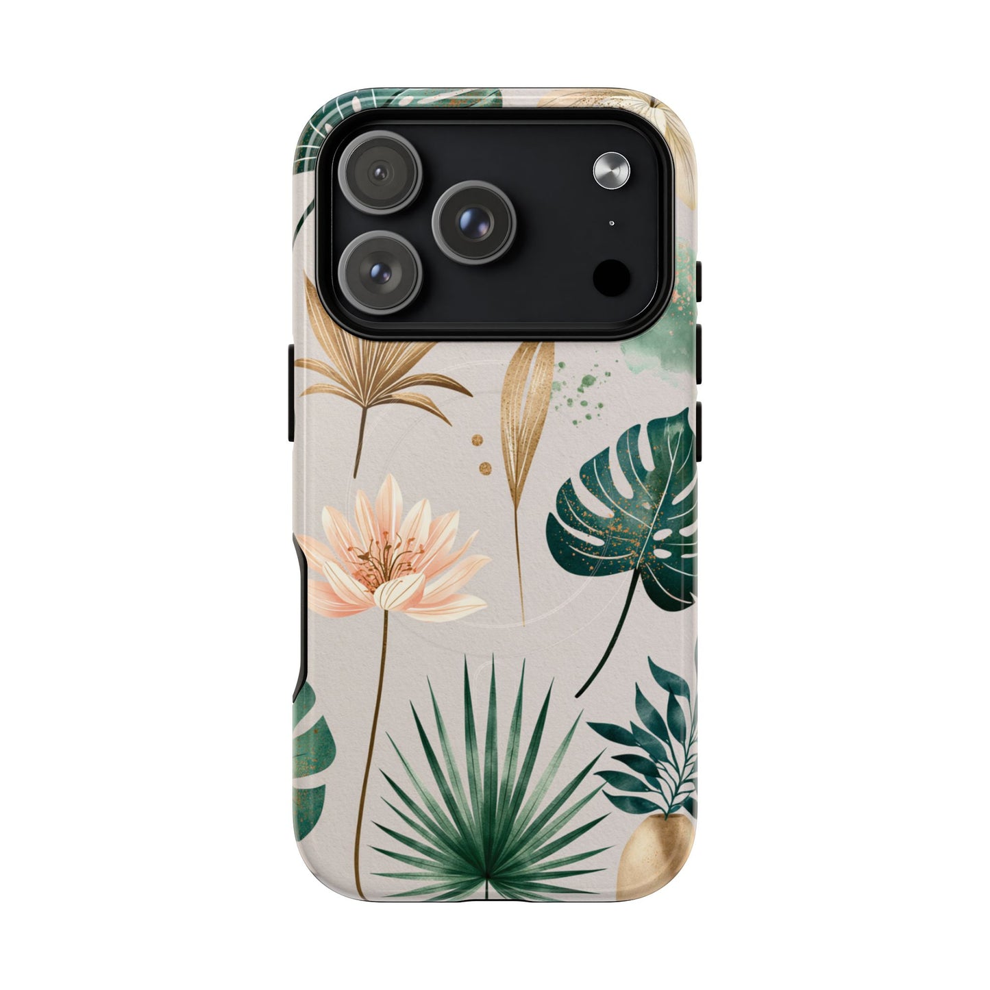 Floral Tropical Tough Magnetic Phone Case — Green Palm & Gold Leaf Design