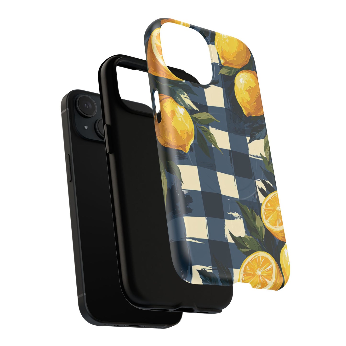 Lemon Check Tough Magnetic Phone Case — Blue Gingham Citrus Design