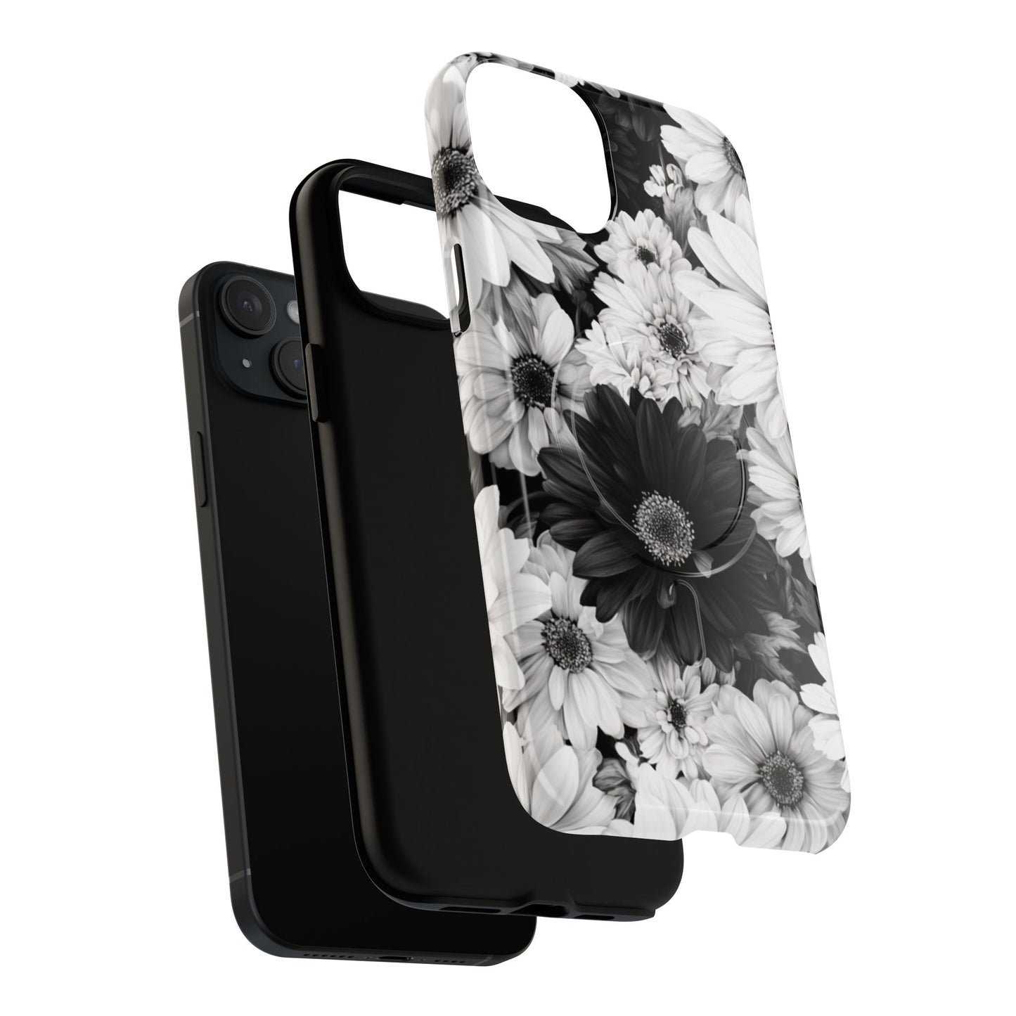 Black & White Floral Tough Magnetic Phone Case — Monochrome Daisy Protection