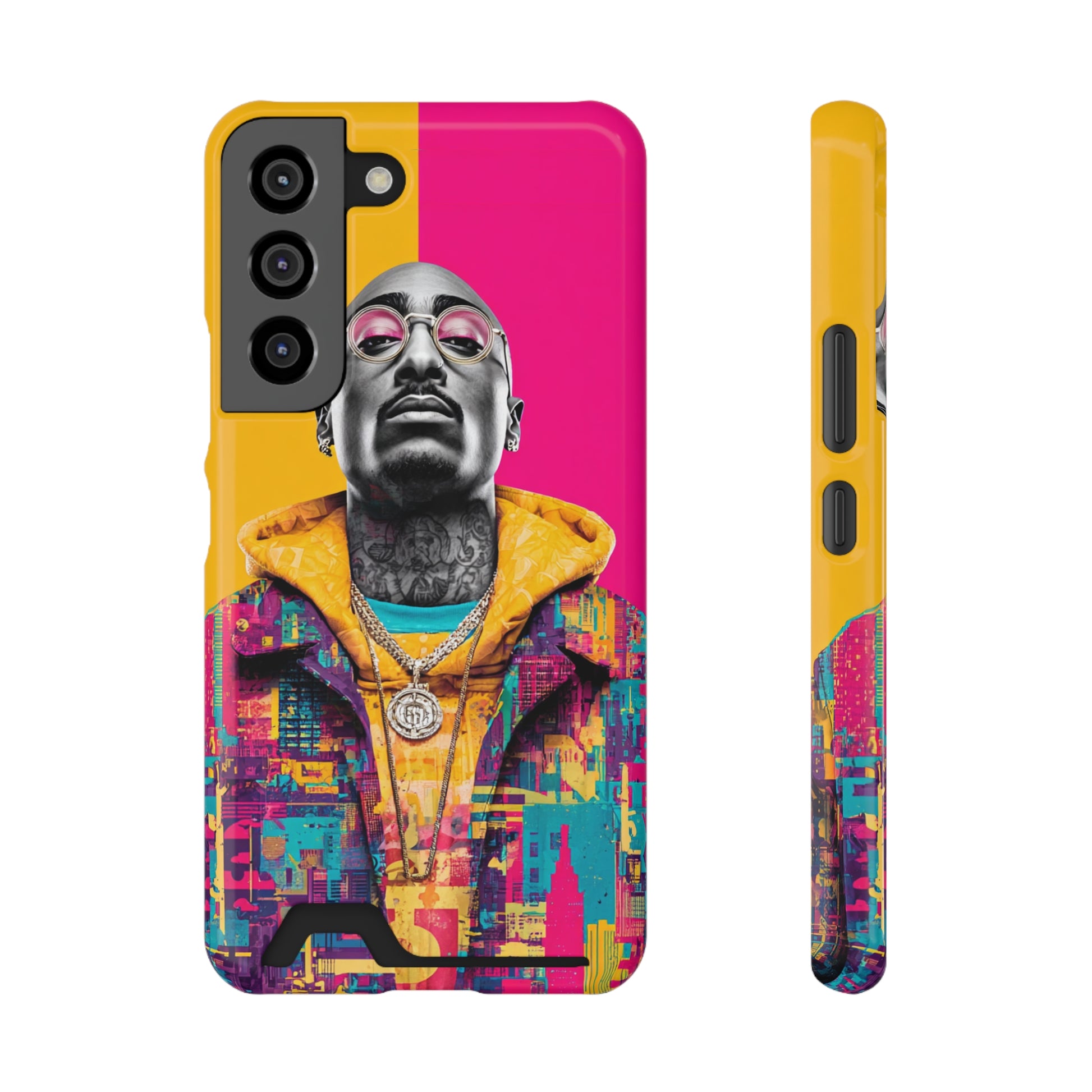 Colorful retro-style hip hop phone case with card holder featuring bold street art design