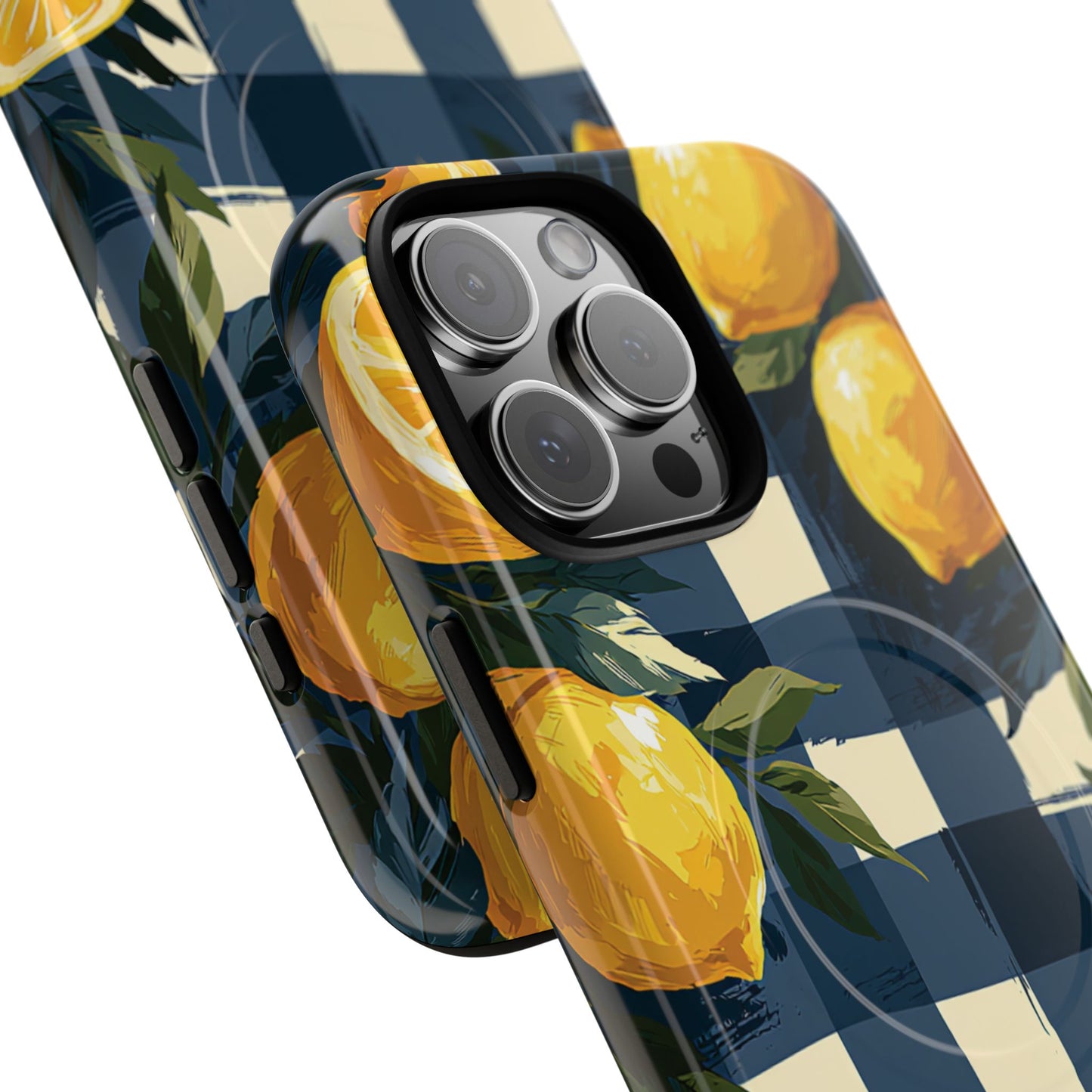 Lemon Check Tough Magnetic Phone Case — Blue Gingham Citrus Design