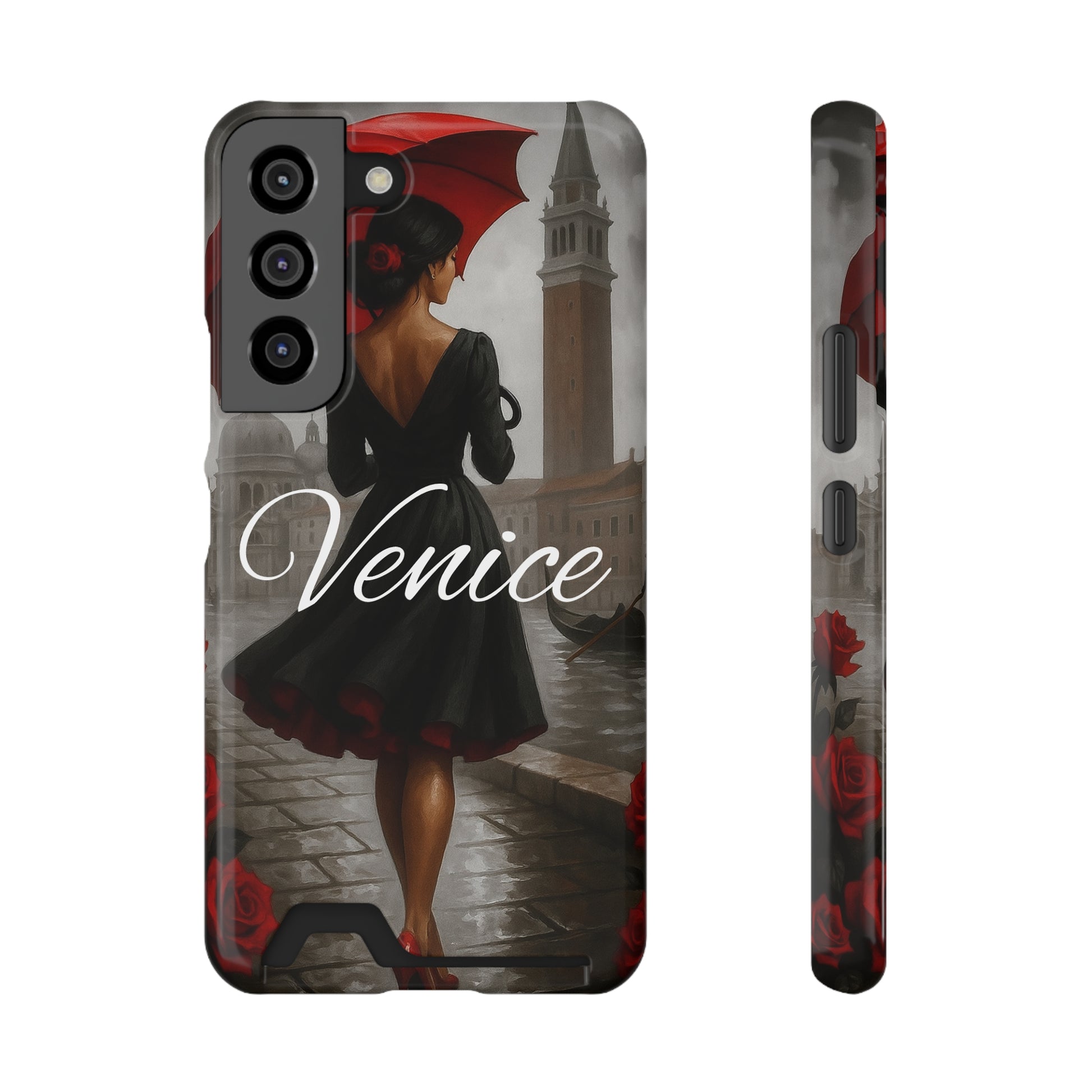 Phone case with card holder slot featuring a scenic Venice illustration of a woman on a rainy Italian street with warm atmospheric colors
