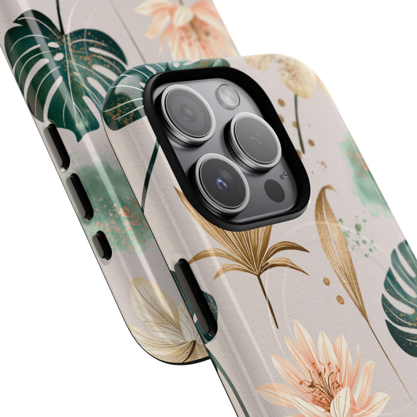 Floral Tropical Tough Magnetic Phone Case — Green Palm & Gold Leaf Design