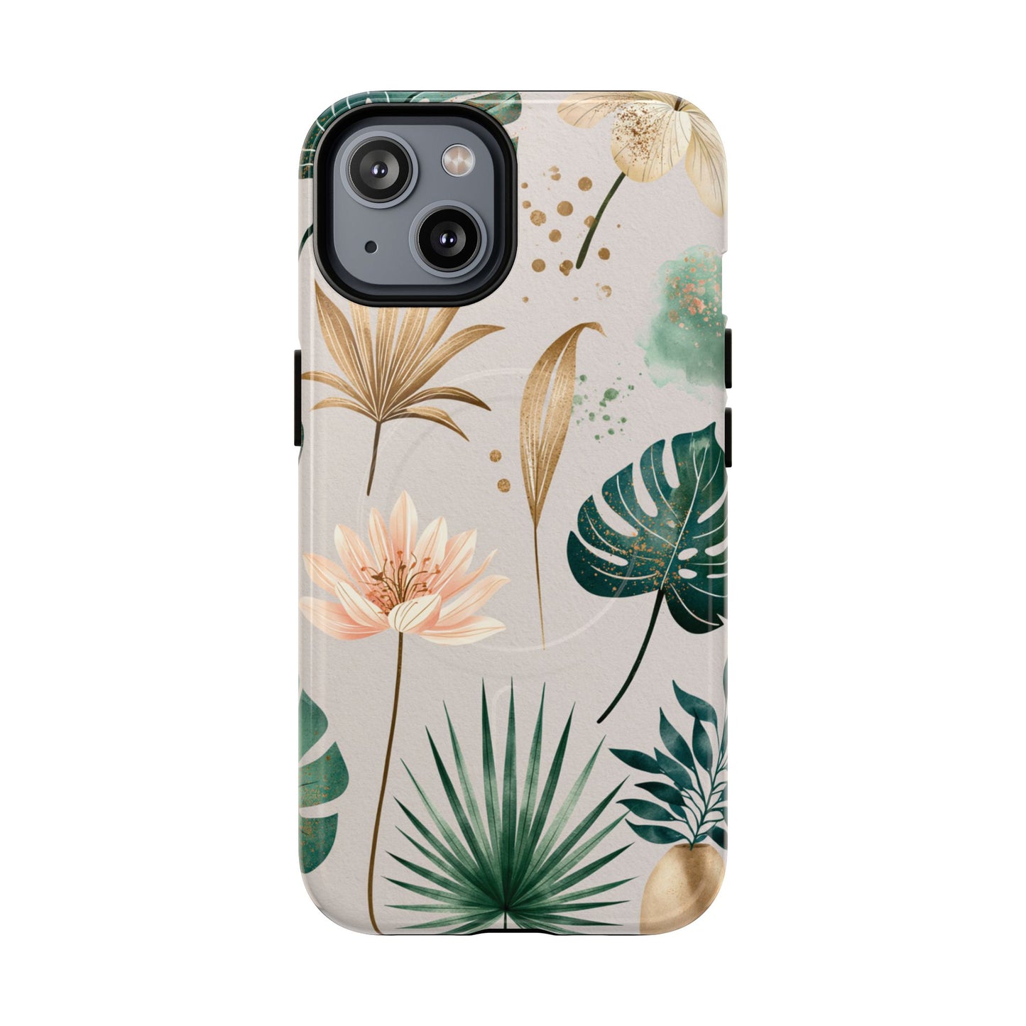 Floral Tropical Tough Magnetic Phone Case — Green Palm & Gold Leaf Design