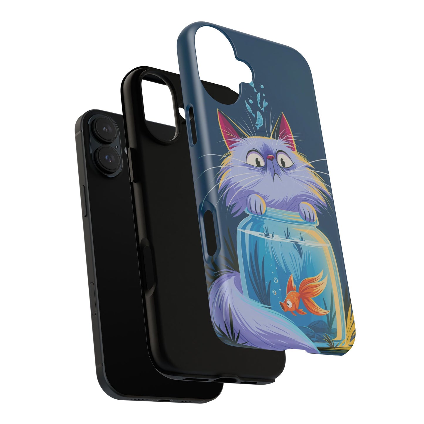 Magnetic Tough Phone Case — Playful Cat & Goldfish Illustration