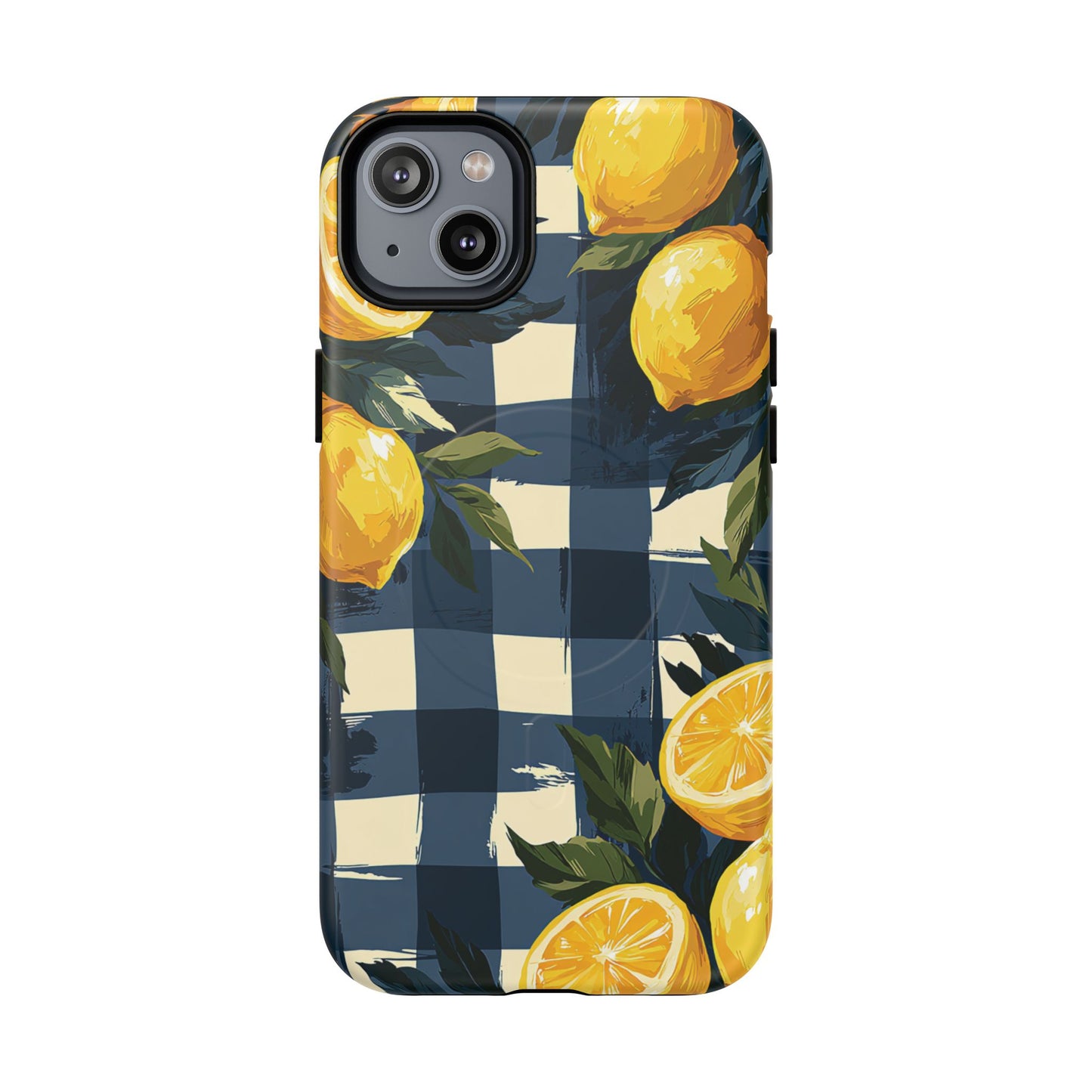 Lemon Check Tough Magnetic Phone Case — Blue Gingham Citrus Design