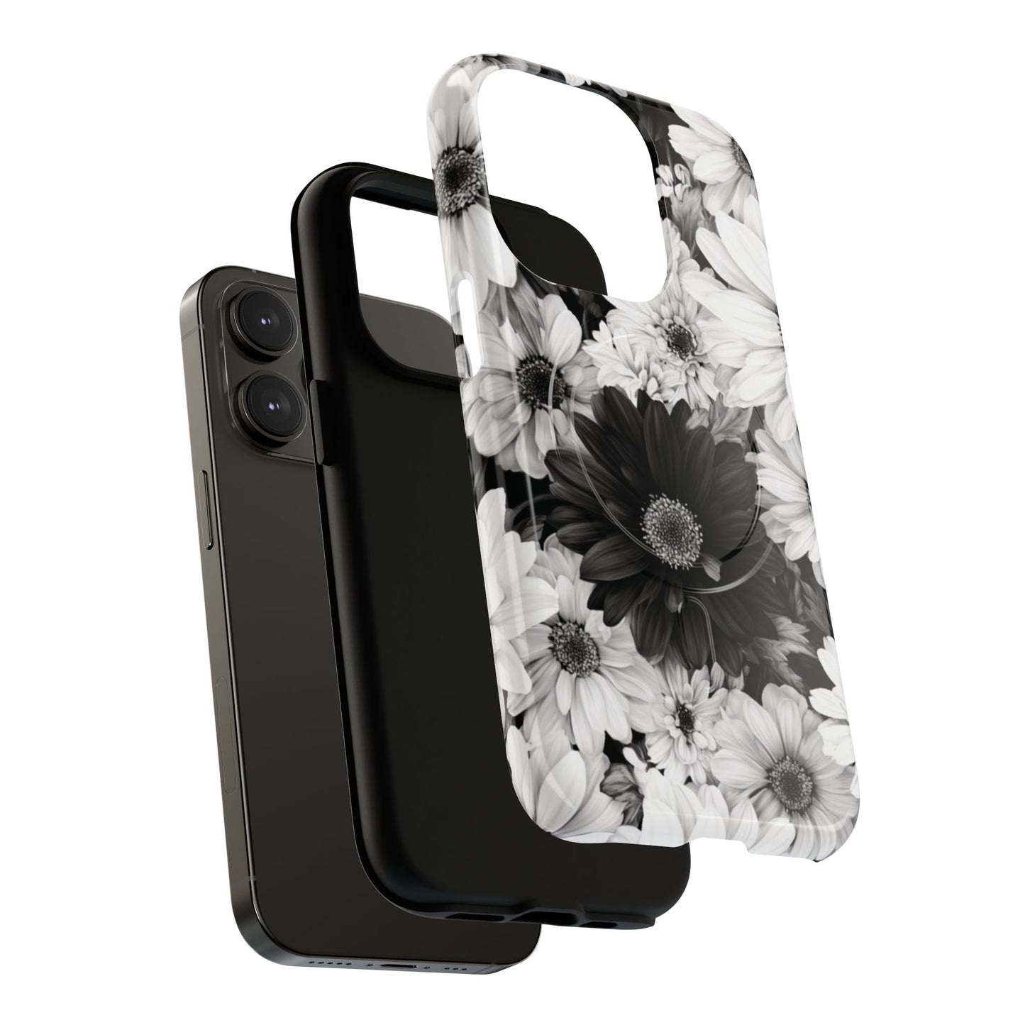Black & White Floral Tough Magnetic Phone Case — Monochrome Daisy Protection