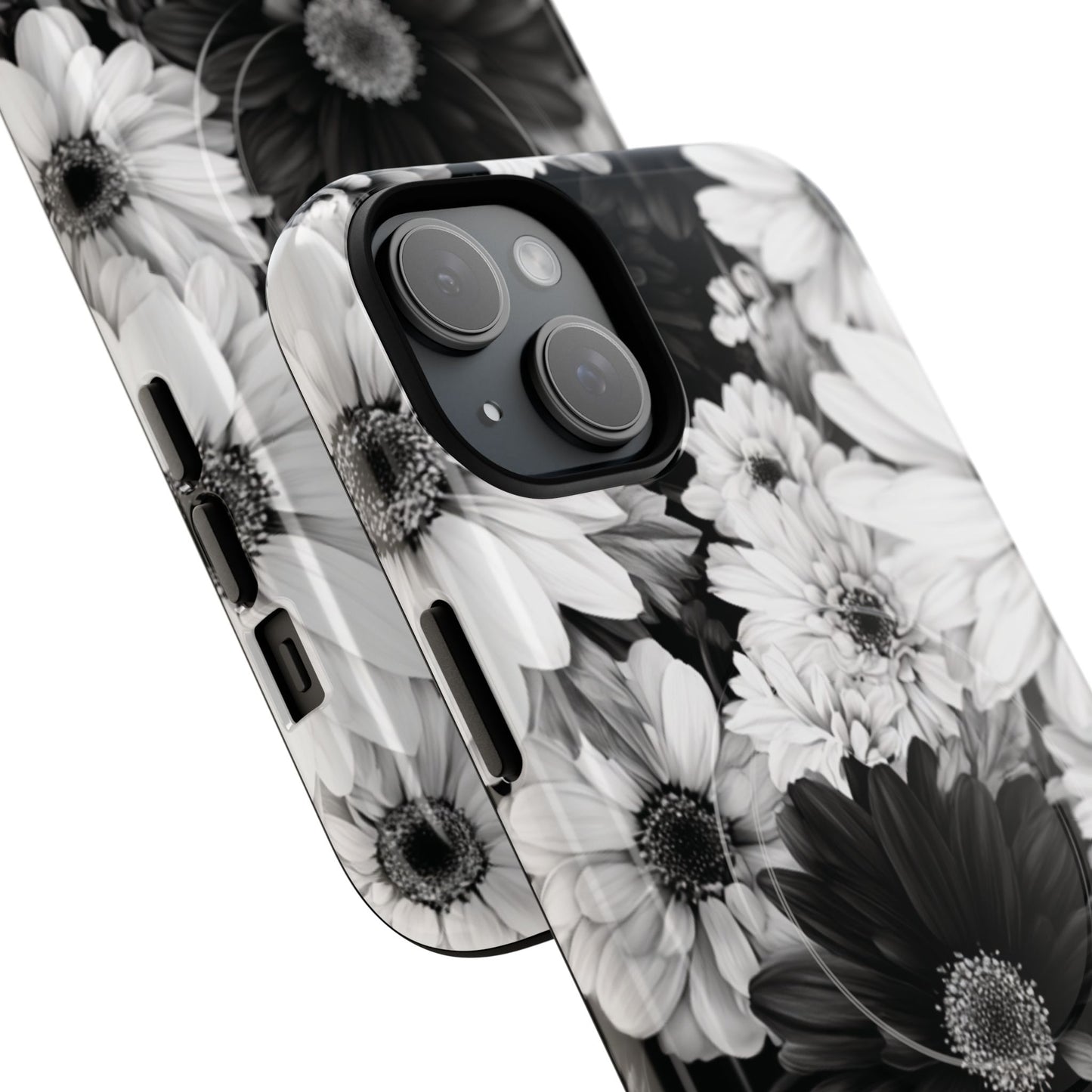 Black & White Floral Tough Magnetic Phone Case — Monochrome Daisy Protection