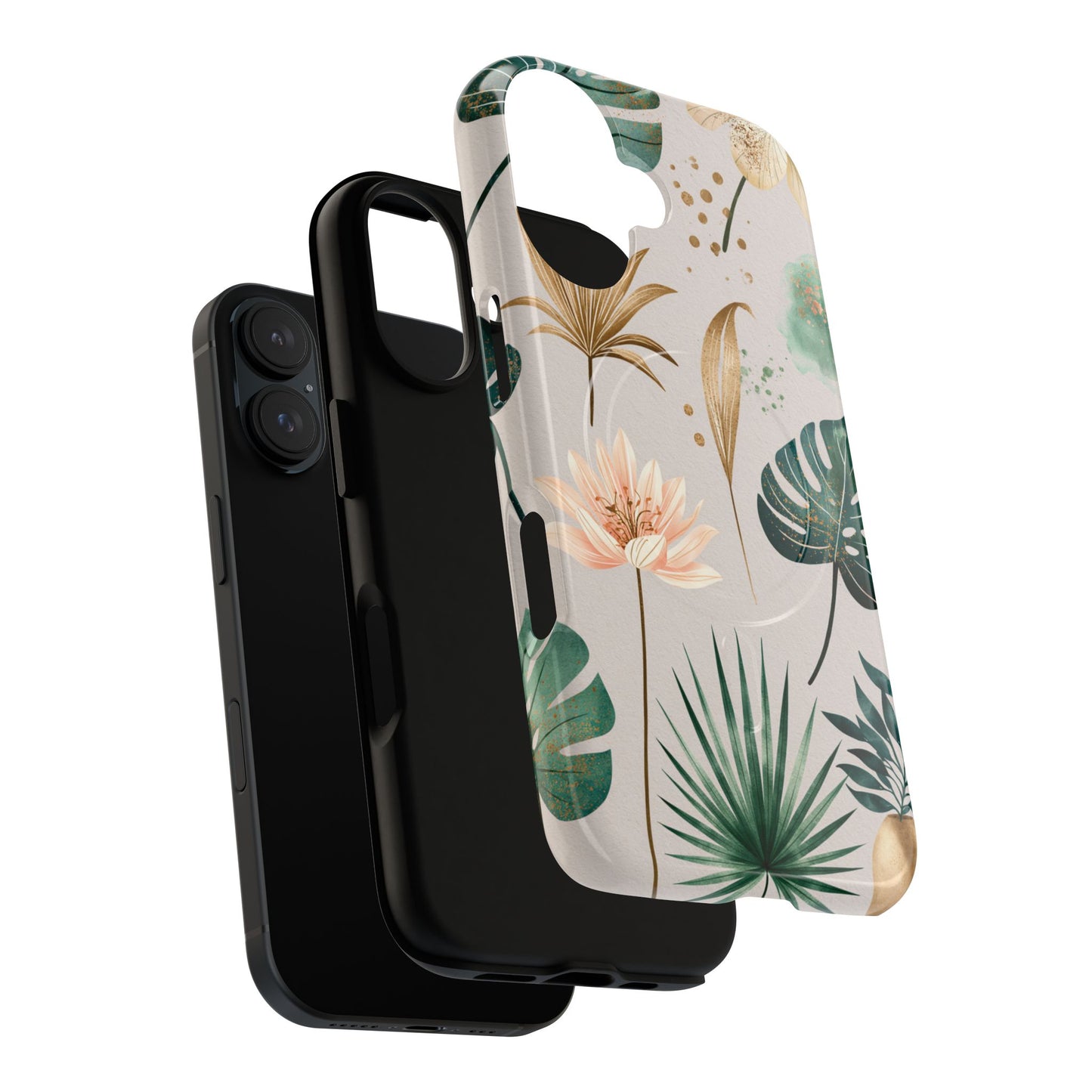 Floral Tropical Tough Magnetic Phone Case — Green Palm & Gold Leaf Design