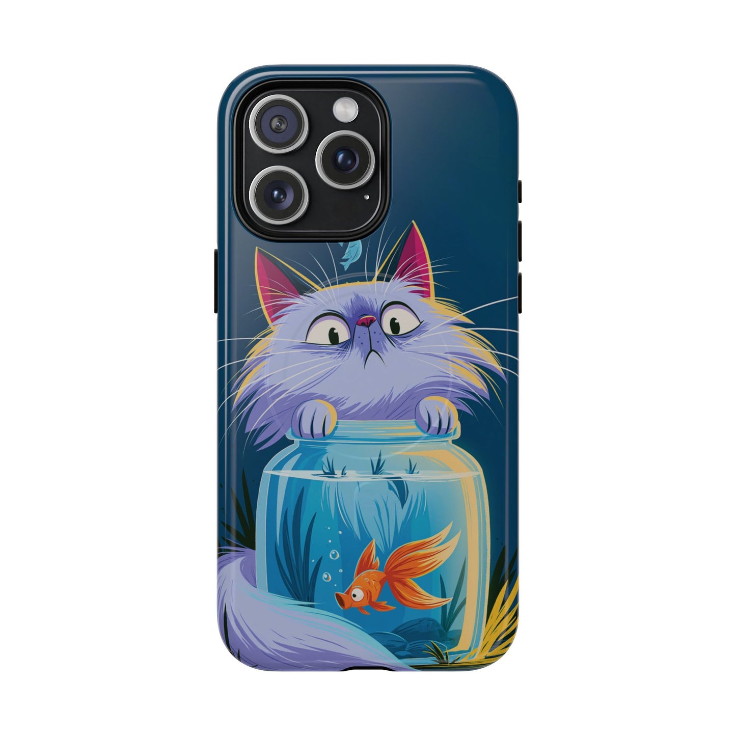 Magnetic Tough Phone Case — Playful Cat & Goldfish Illustration