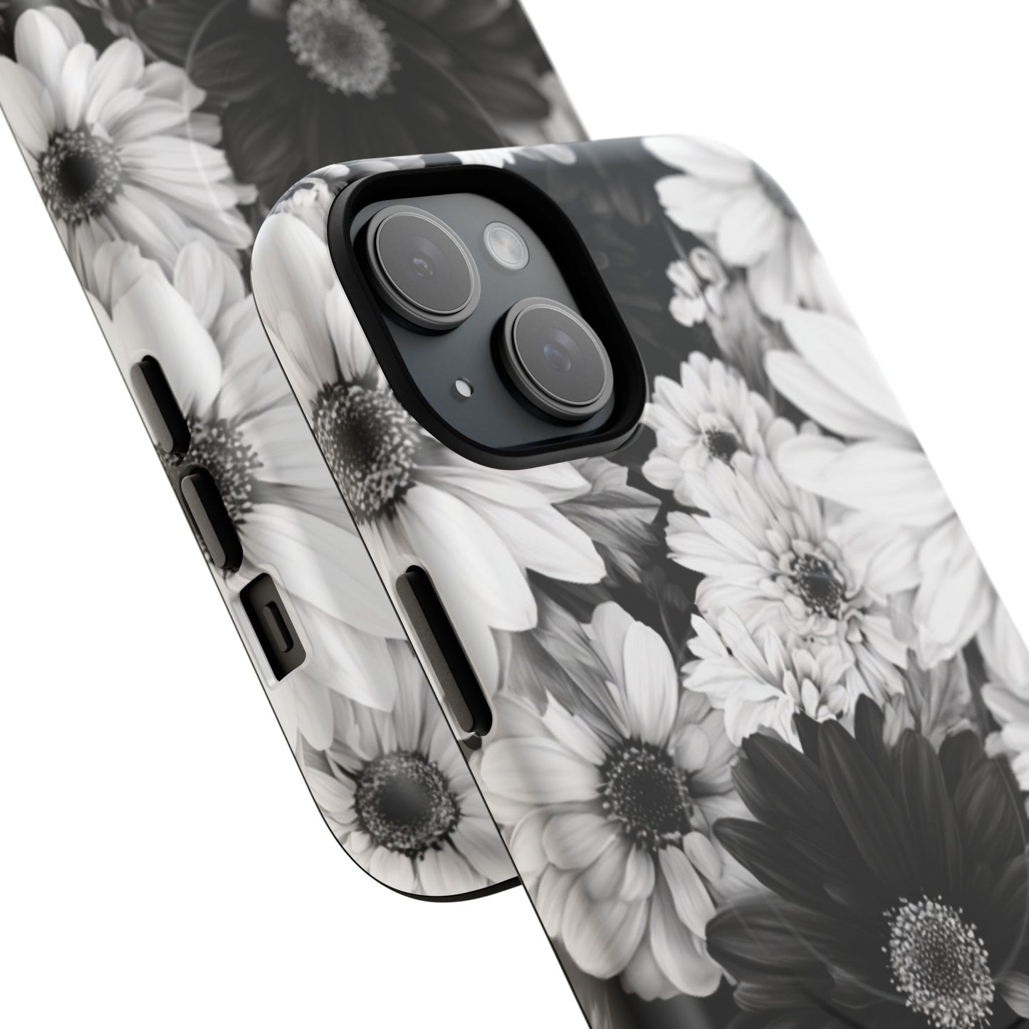 Black & White Floral Tough Magnetic Phone Case — Monochrome Daisy Protection
