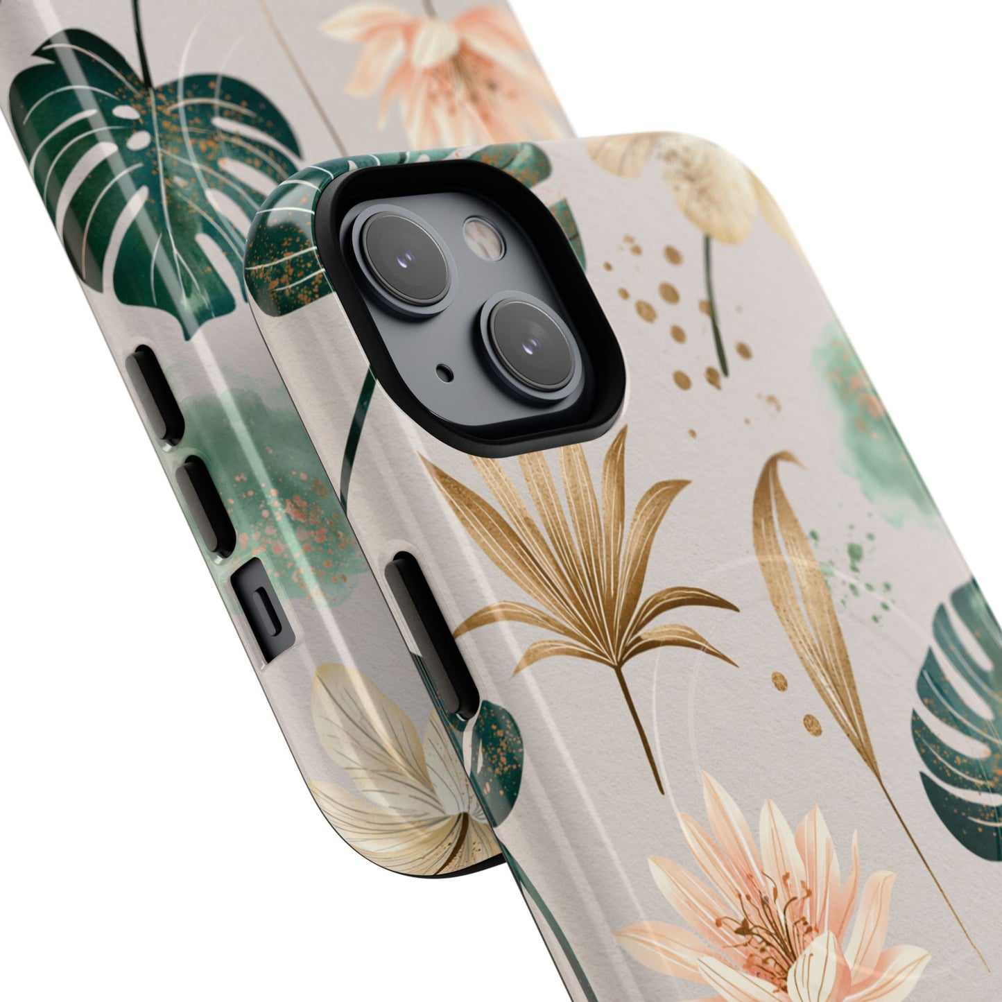 Floral Tropical Tough Magnetic Phone Case — Green Palm & Gold Leaf Design