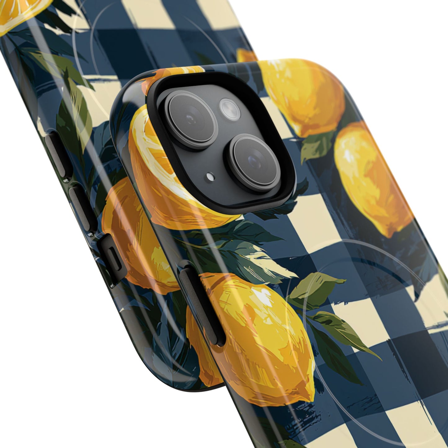 Lemon Check Tough Magnetic Phone Case — Blue Gingham Citrus Design