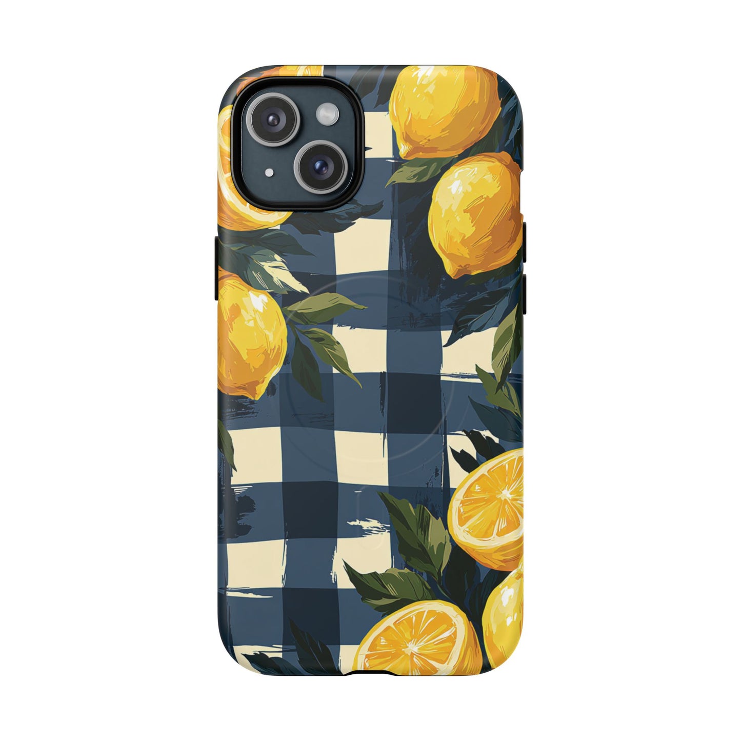 Lemon Check Tough Magnetic Phone Case — Blue Gingham Citrus Design