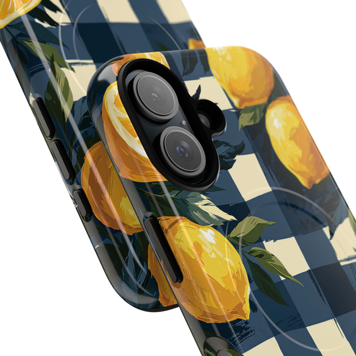 Lemon Check Tough Magnetic Phone Case — Blue Gingham Citrus Design