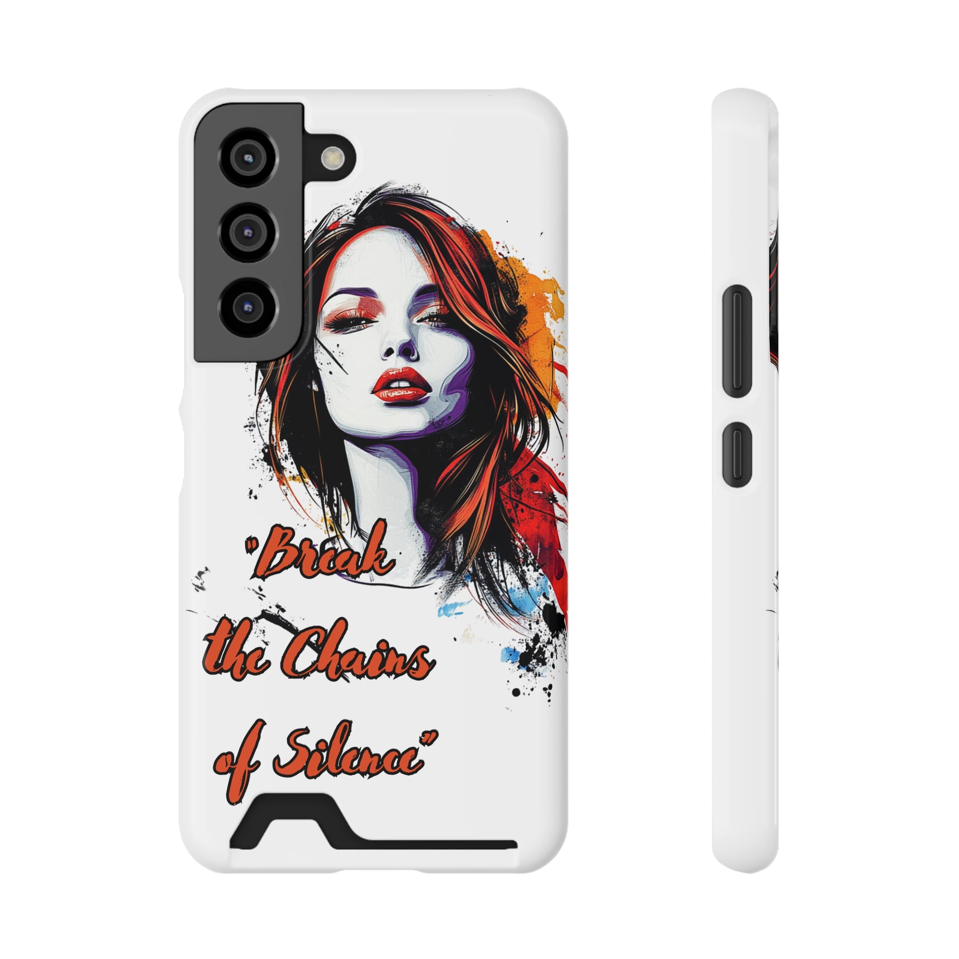 Artistic phone case with built-in card holder featuring bold colorful empowerment design for women