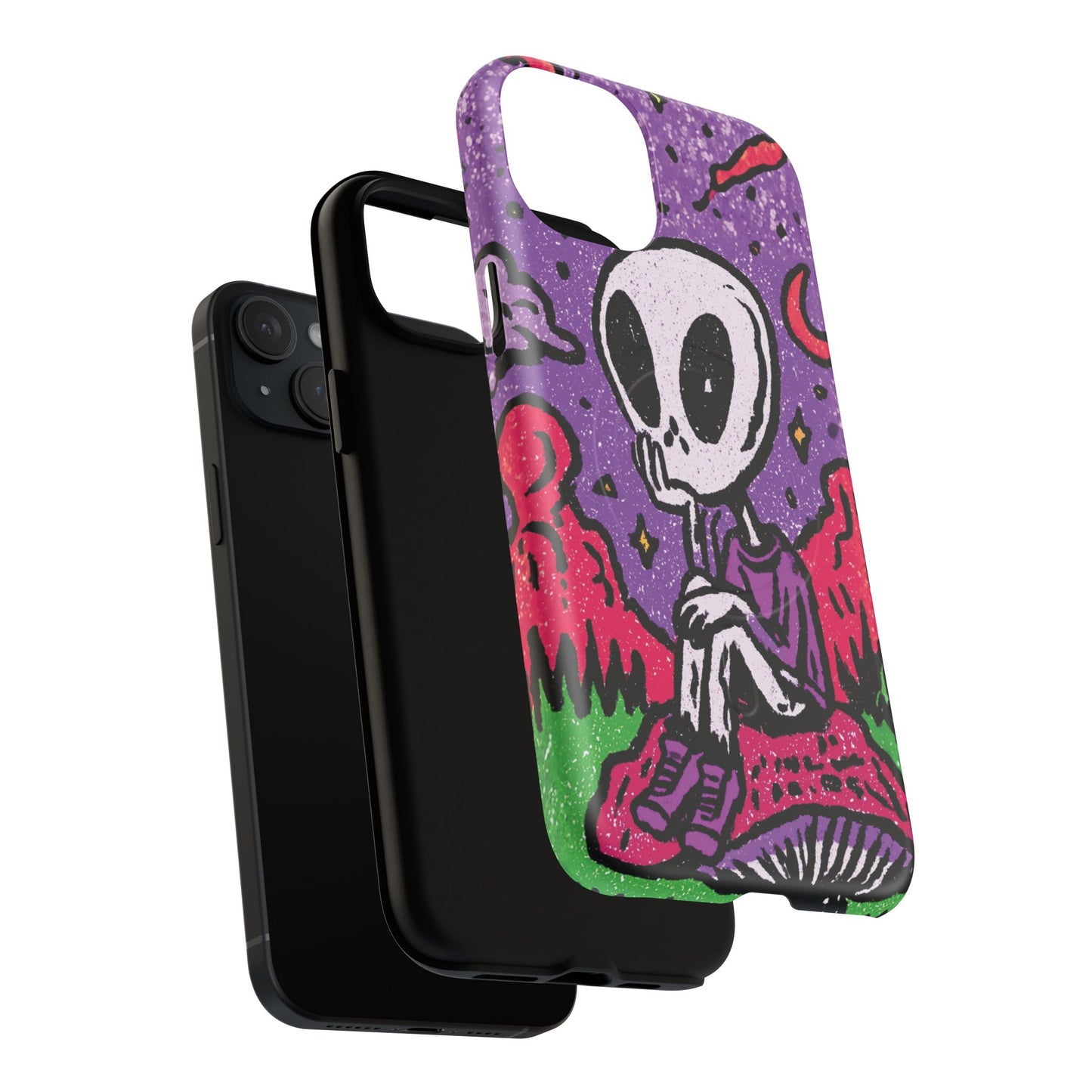 Alien Mushroom Phone Case — Cute Skeletal Space Illustration Tough Magnetic Case