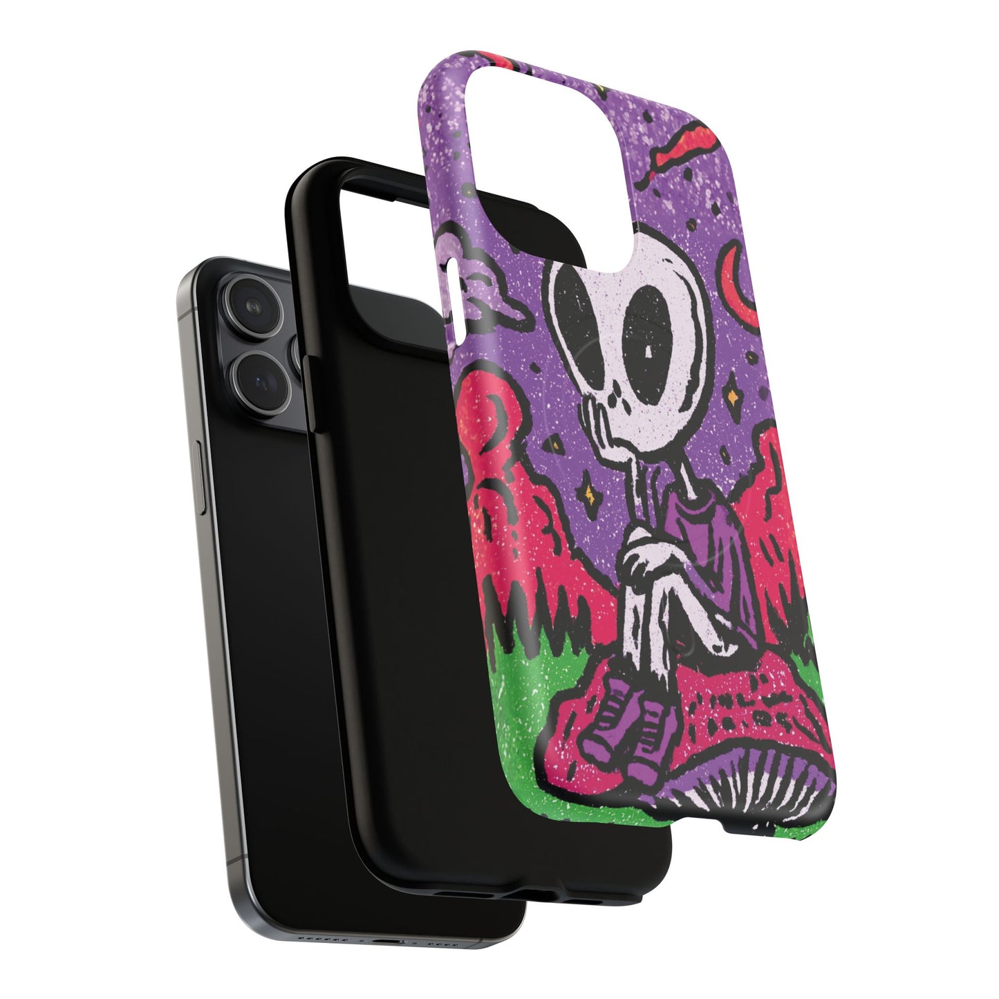 Alien Mushroom Phone Case — Cute Skeletal Space Illustration Tough Magnetic Case