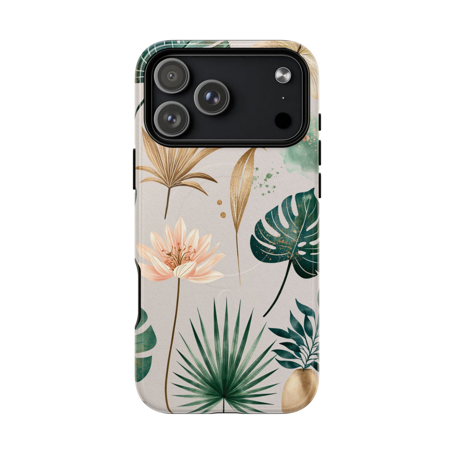 Floral Tropical Tough Magnetic Phone Case — Green Palm & Gold Leaf Design