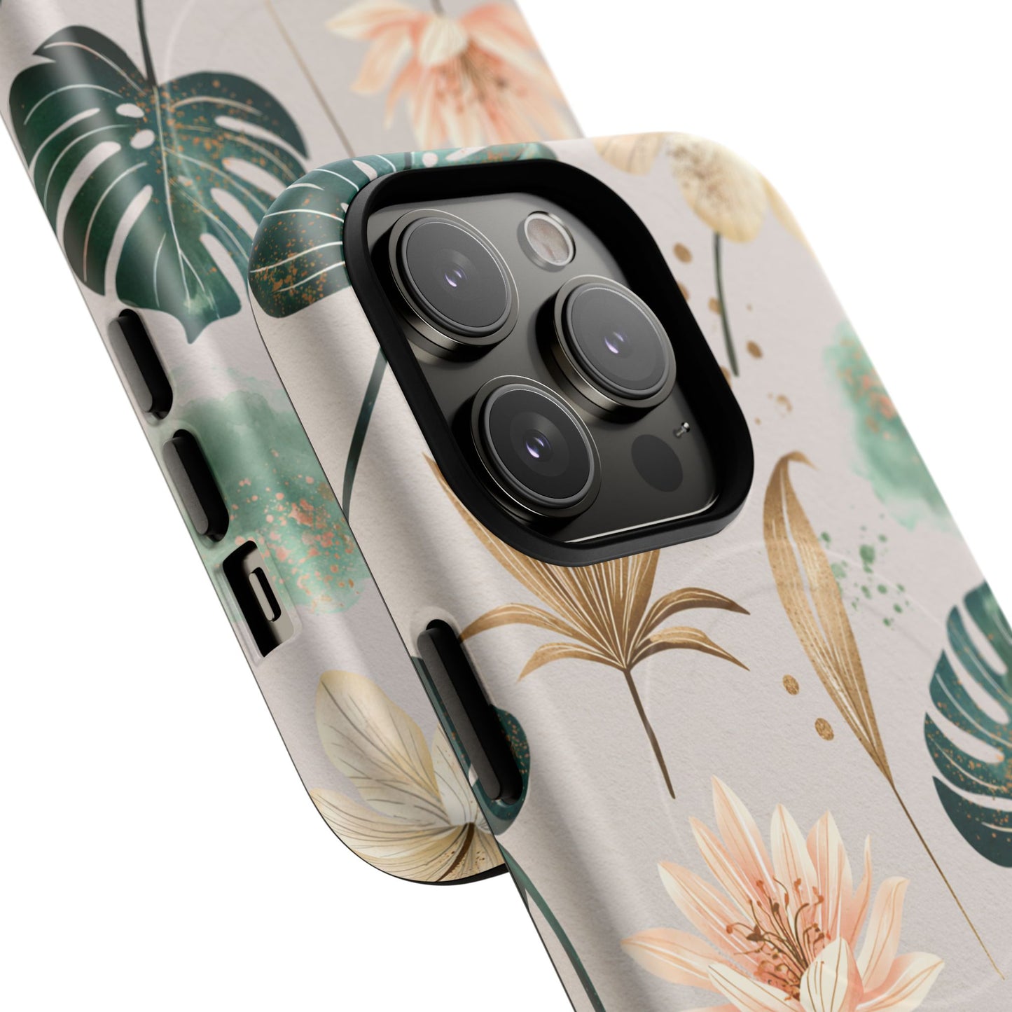 Floral Tropical Tough Magnetic Phone Case — Green Palm & Gold Leaf Design