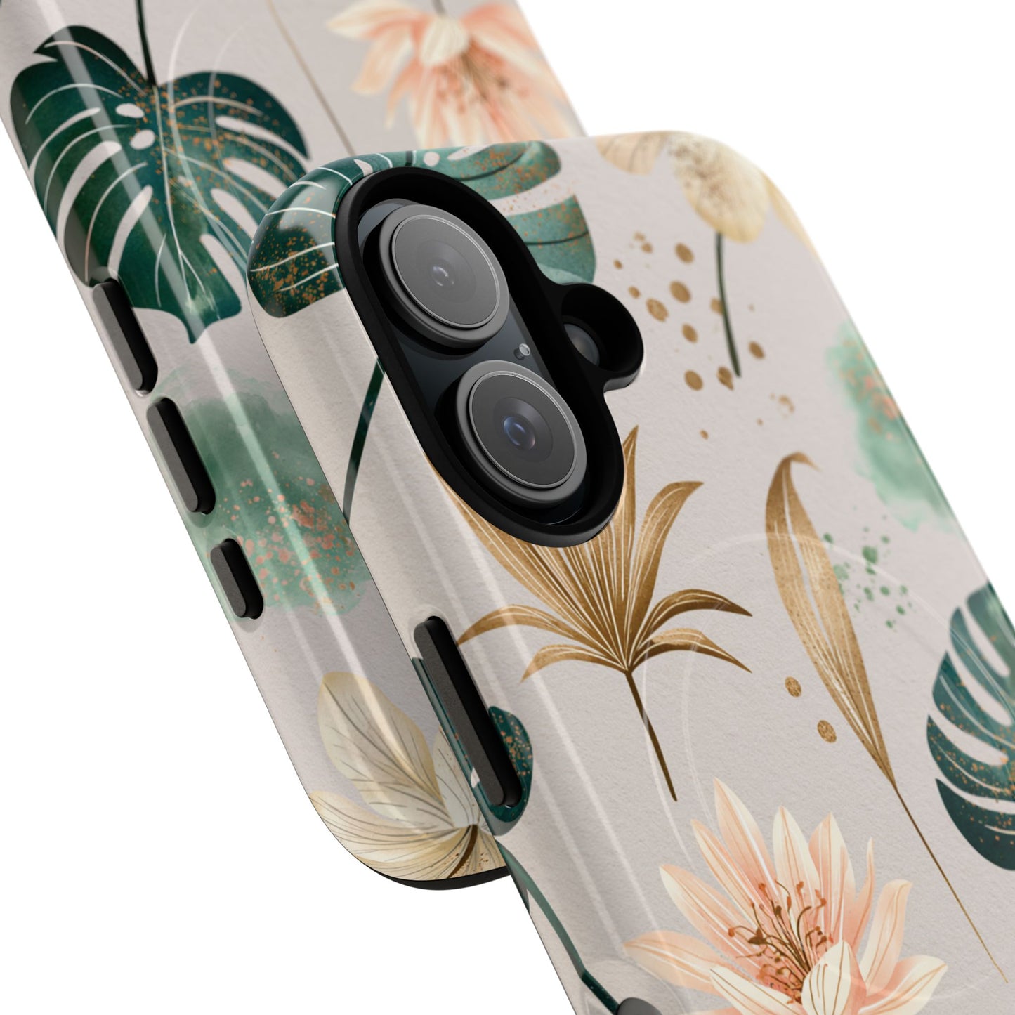 Floral Tropical Tough Magnetic Phone Case — Green Palm & Gold Leaf Design