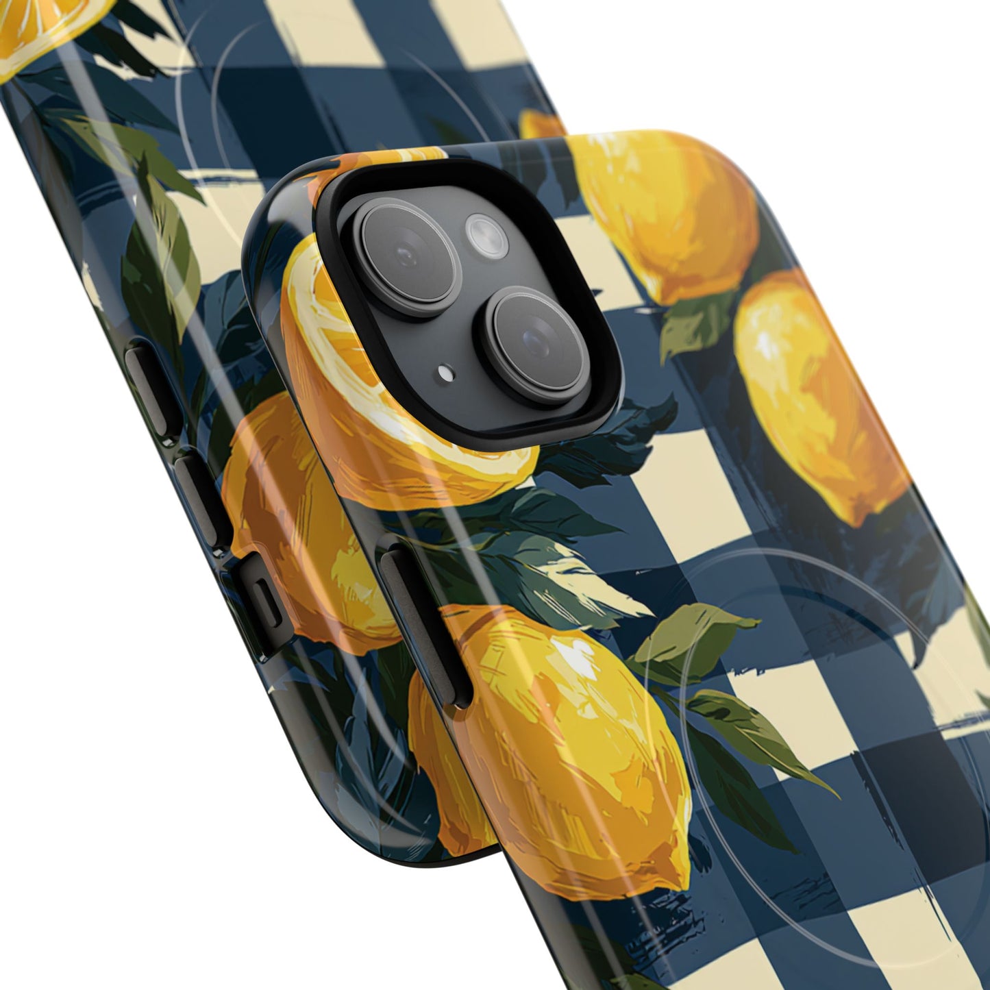 Lemon Check Tough Magnetic Phone Case — Blue Gingham Citrus Design