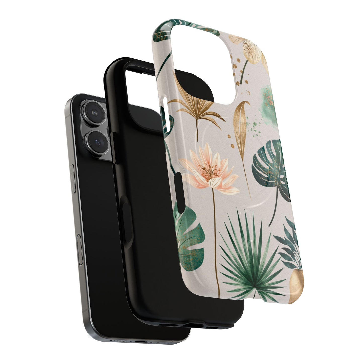 Floral Tropical Tough Magnetic Phone Case — Green Palm & Gold Leaf Design