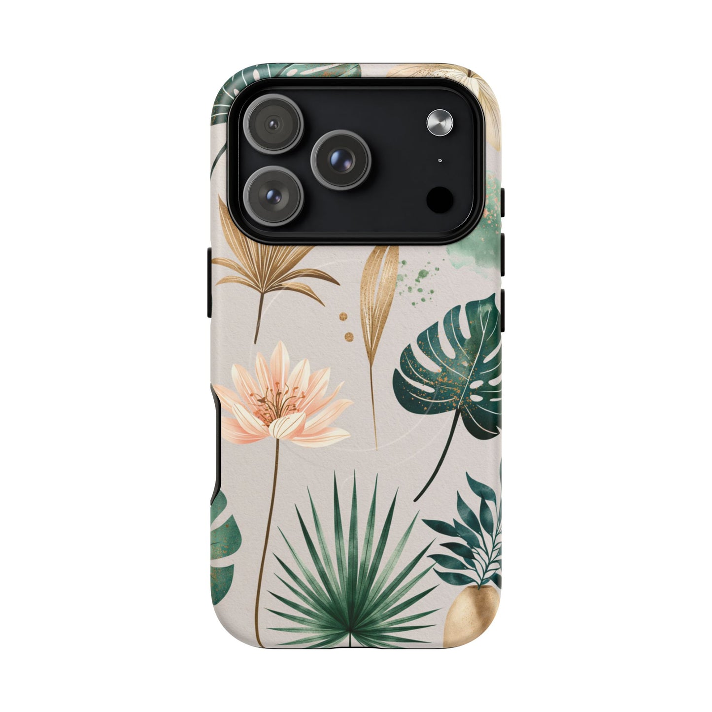 Floral Tropical Tough Magnetic Phone Case — Green Palm & Gold Leaf Design
