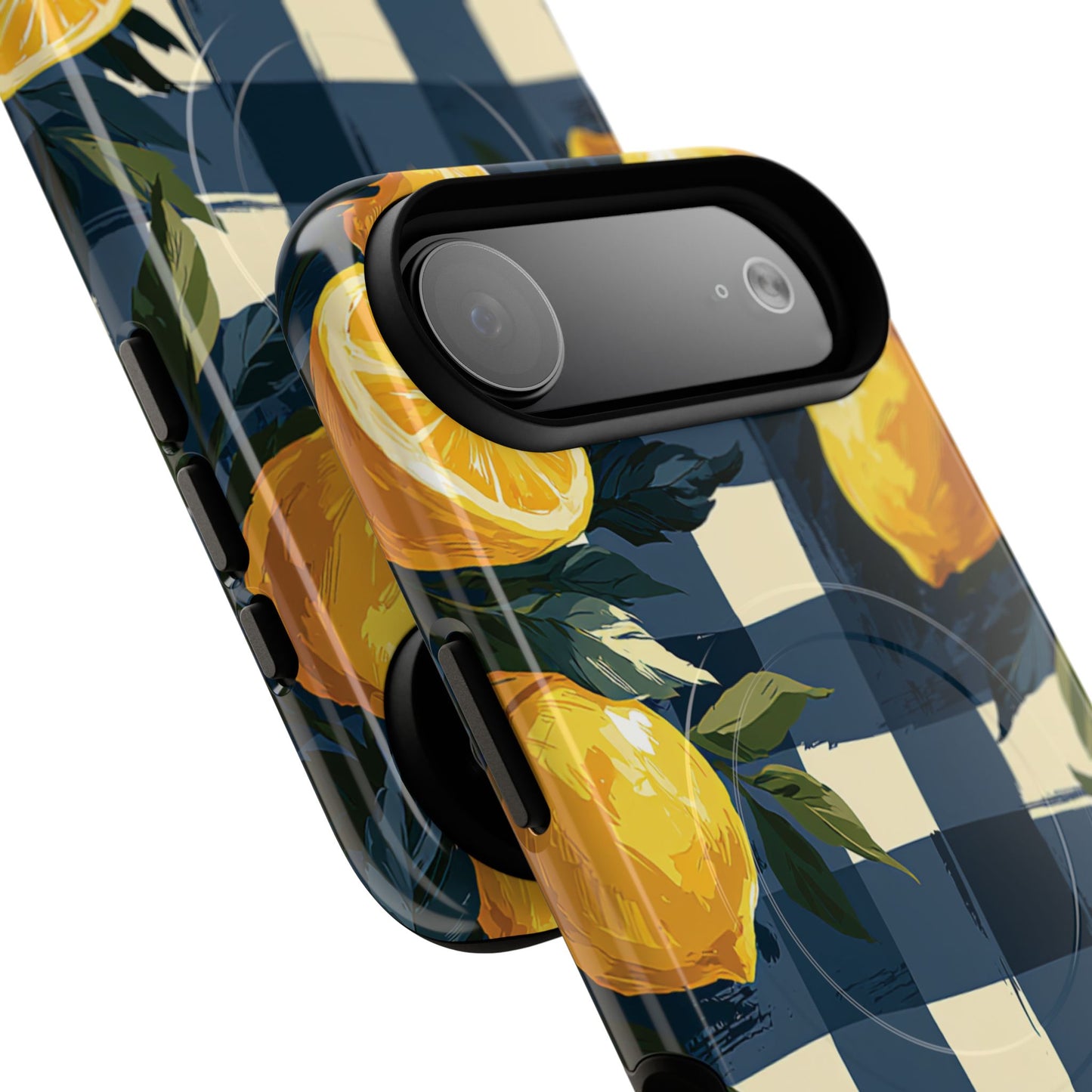 Lemon Check Tough Magnetic Phone Case — Blue Gingham Citrus Design