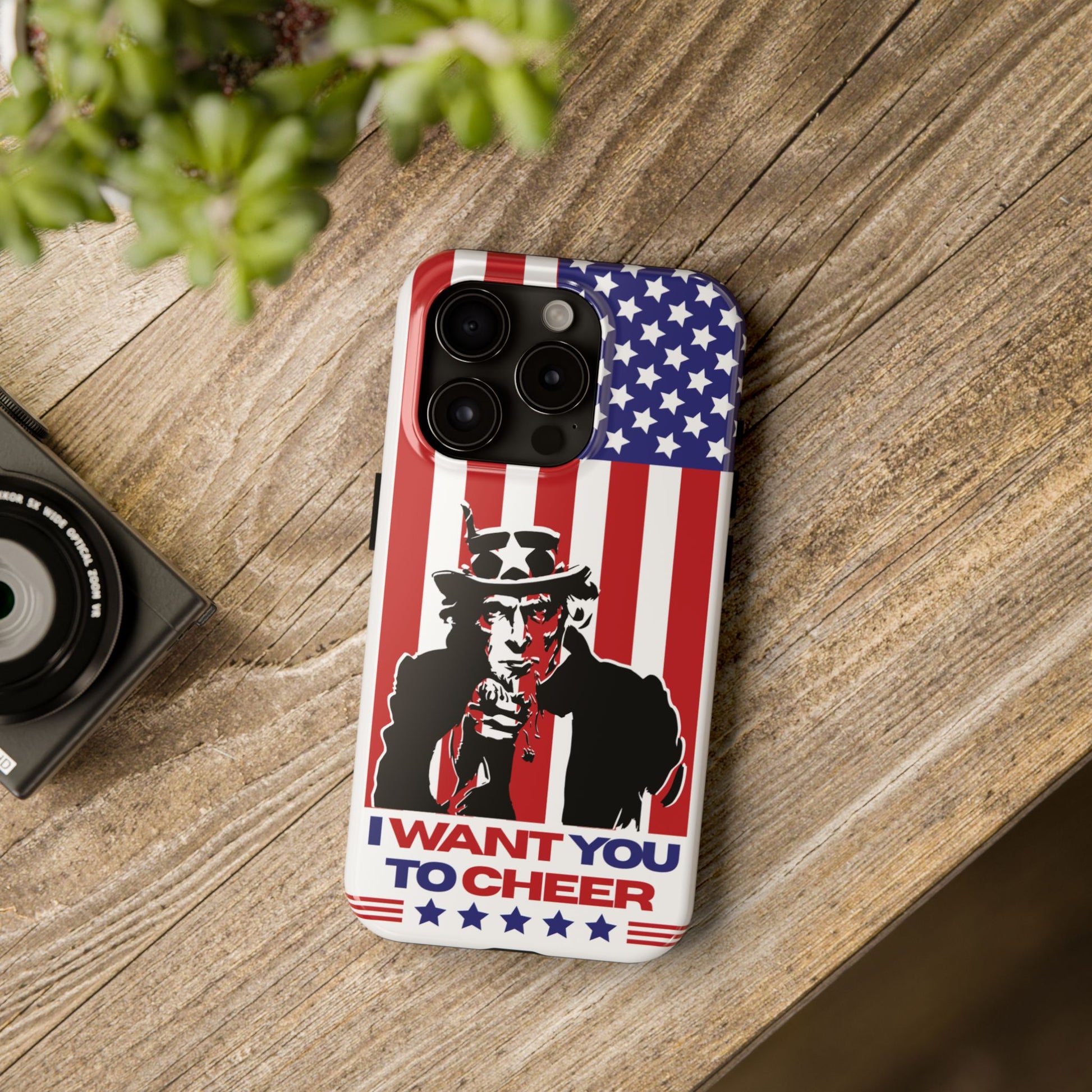 Tough phone case featuring a modern Uncle Sam poster graphic with stars-and-stripes banding and bold patriotic colors