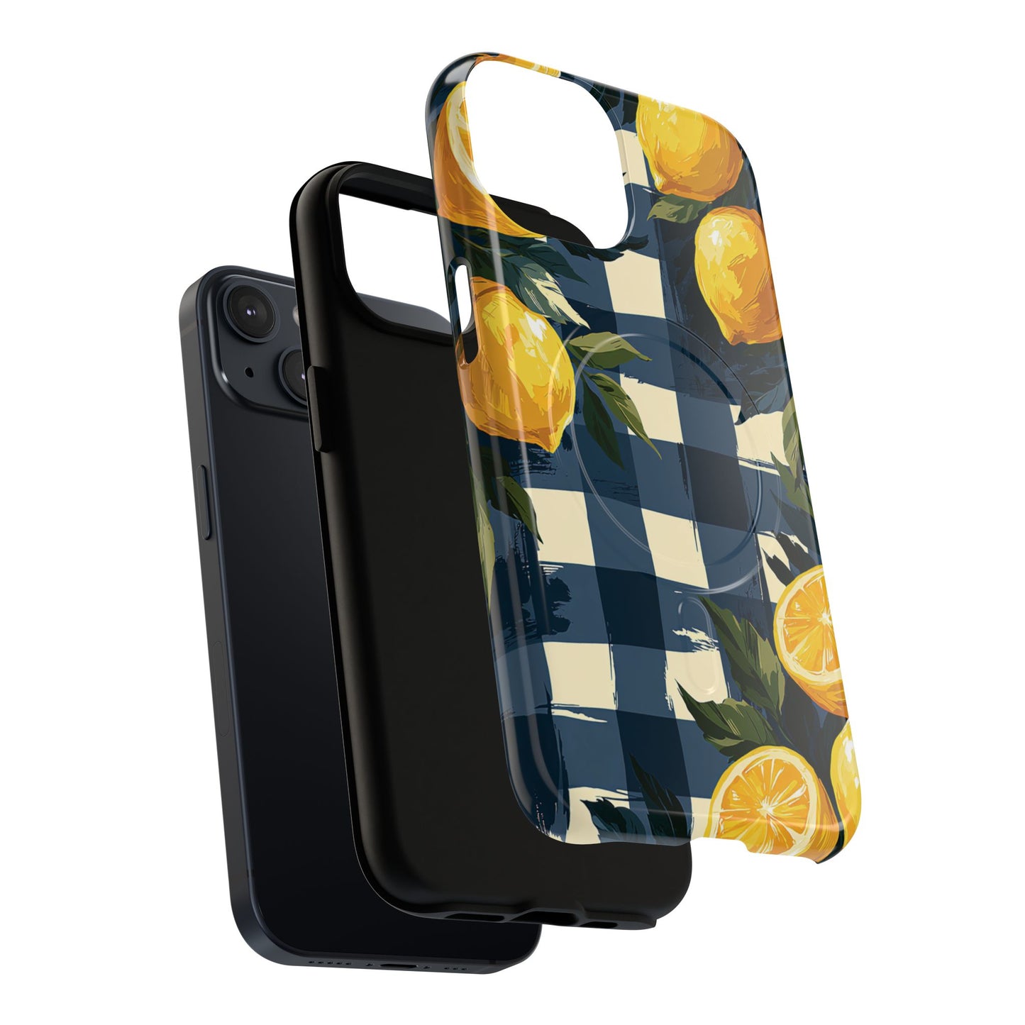 Lemon Check Tough Magnetic Phone Case — Blue Gingham Citrus Design