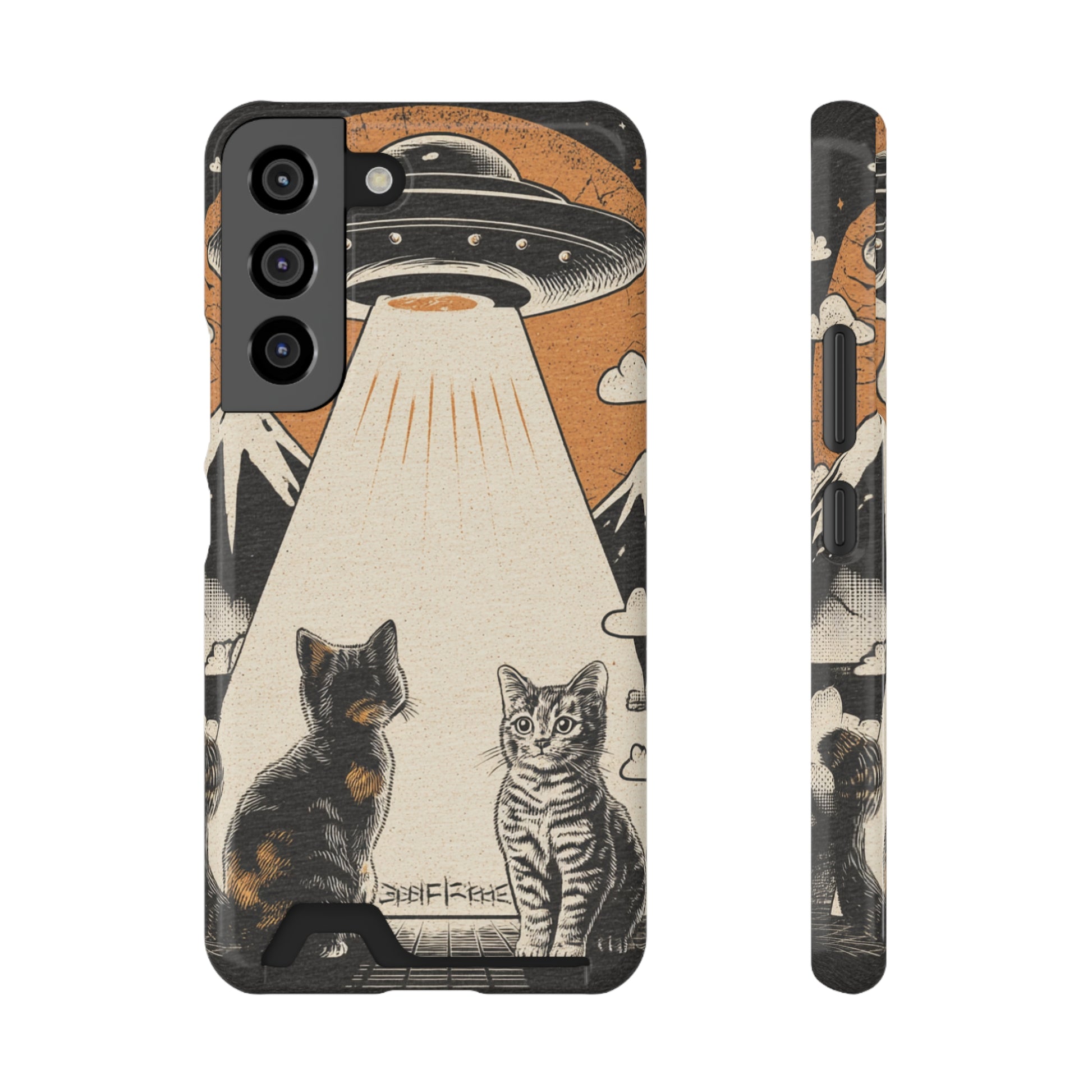 Phone case with card holder featuring playful cats and colorful UFO whimsical illustration