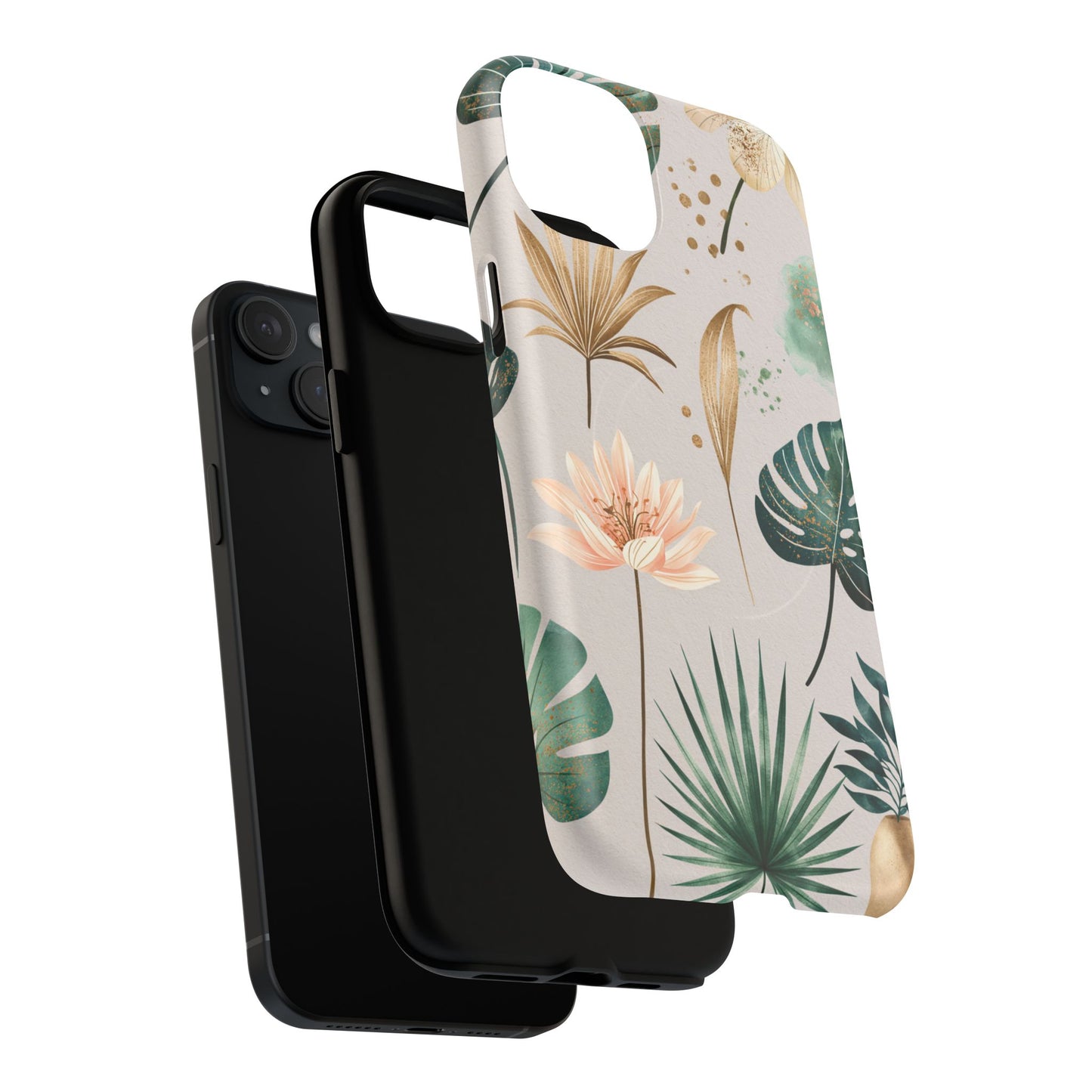 Floral Tropical Tough Magnetic Phone Case — Green Palm & Gold Leaf Design