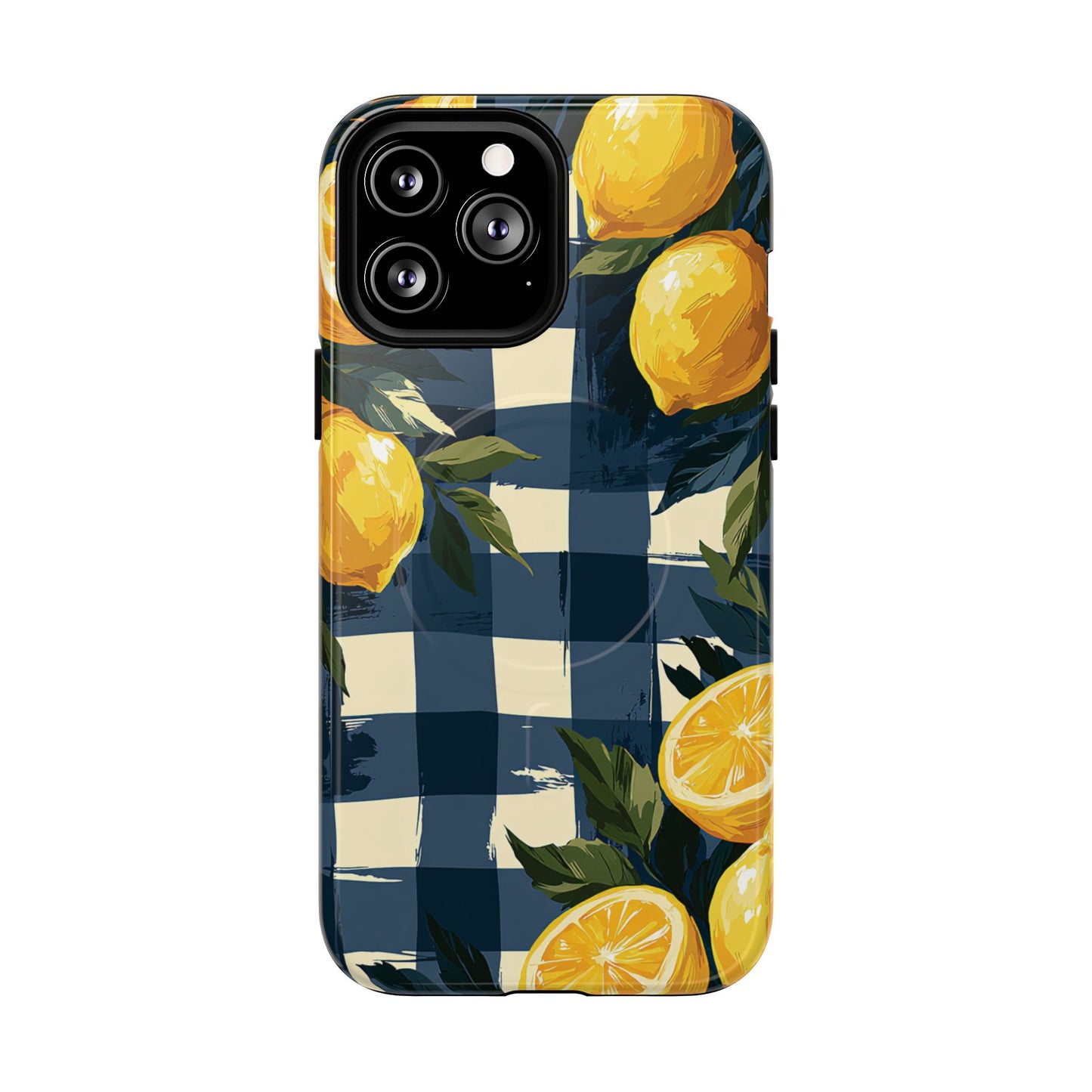 Lemon Check Tough Magnetic Phone Case — Blue Gingham Citrus Design