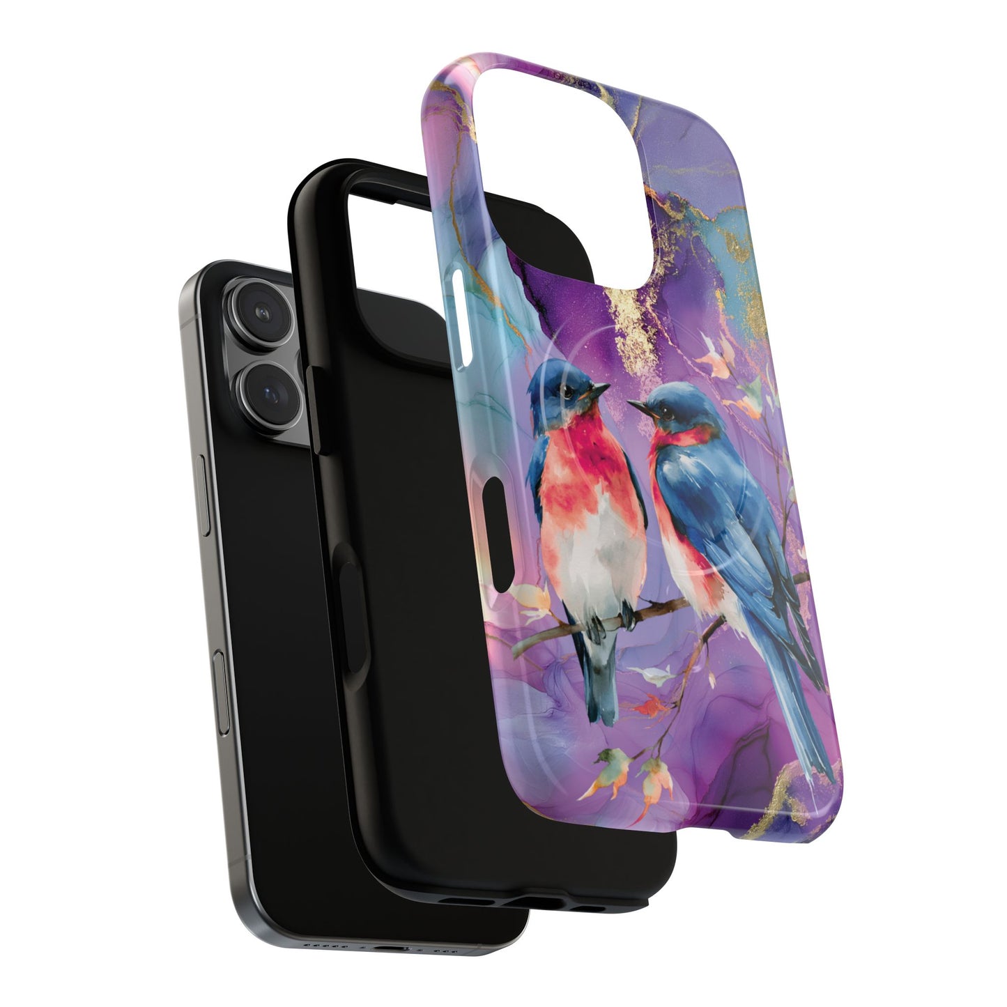 Bird Pair Tough Magnetic Phone Case — Purple Watercolor Floral Design