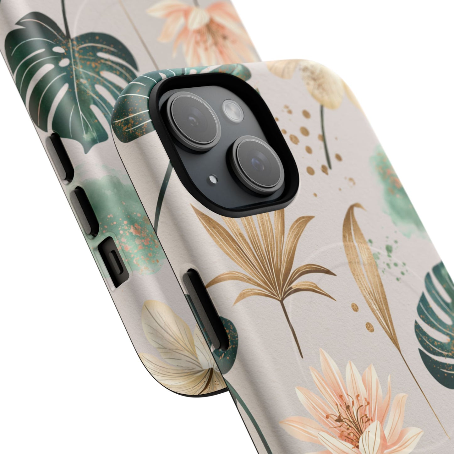 Floral Tropical Tough Magnetic Phone Case — Green Palm & Gold Leaf Design