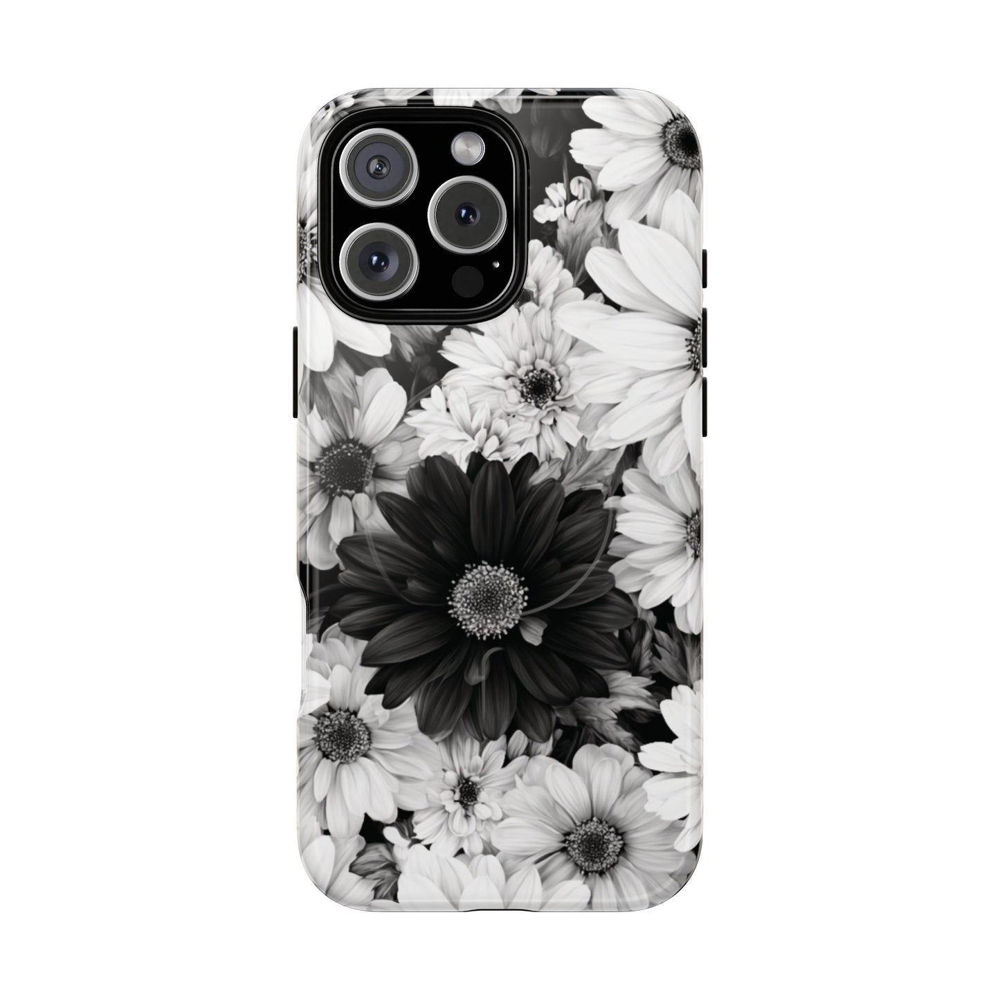 Black & White Floral Tough Magnetic Phone Case — Monochrome Daisy Protection