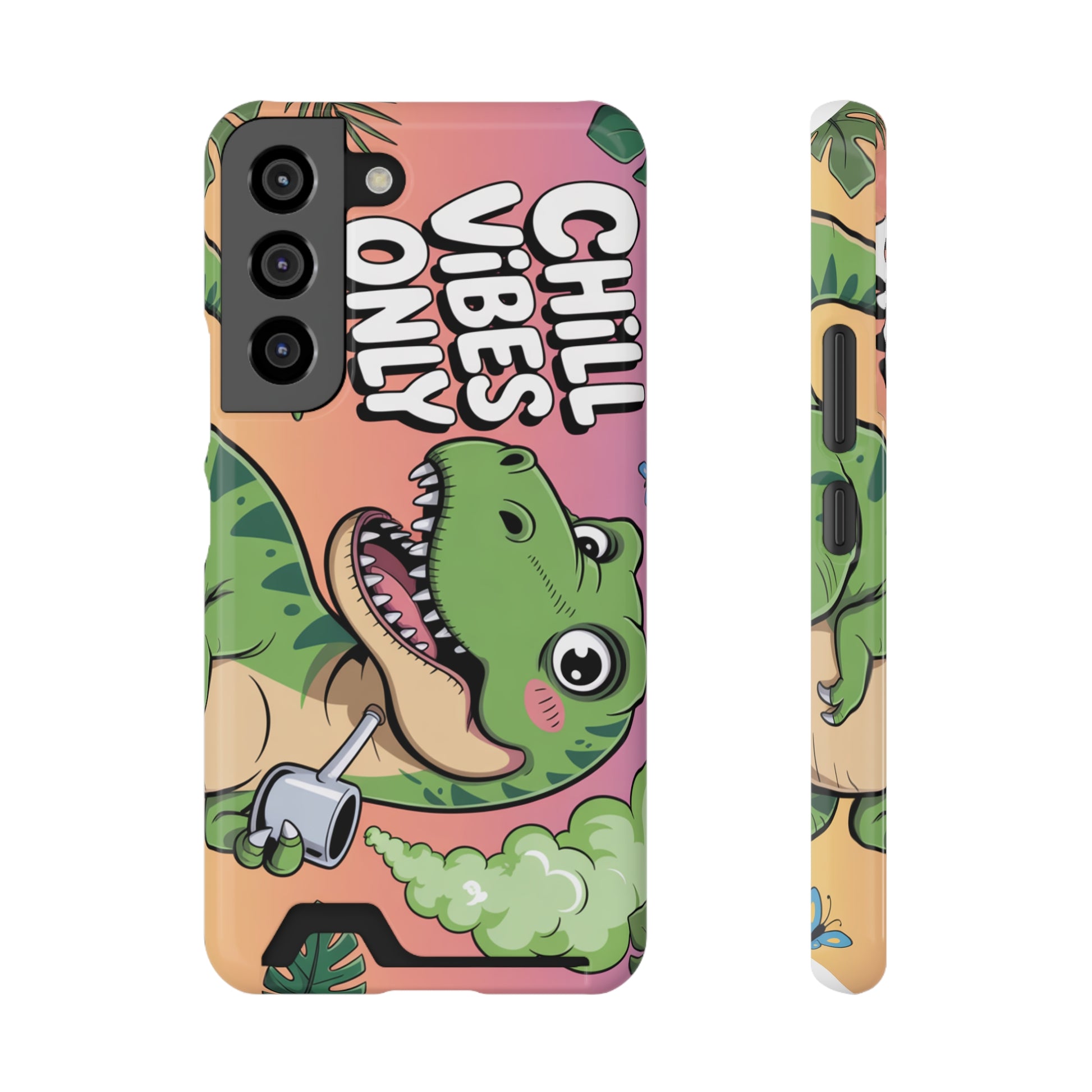 Colorful dinosaur chill vibes phone case with built-in card holder slot for teens