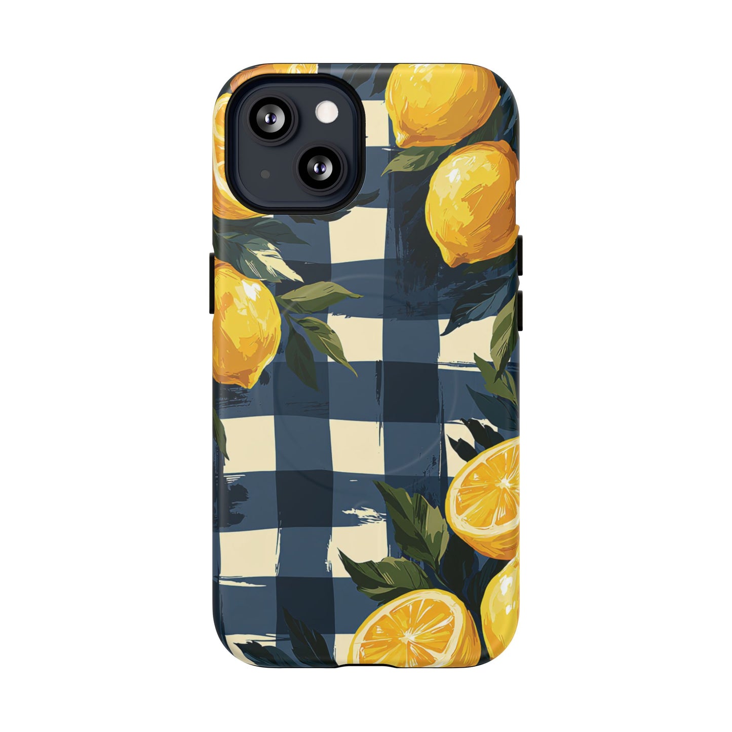 Lemon Check Tough Magnetic Phone Case — Blue Gingham Citrus Design