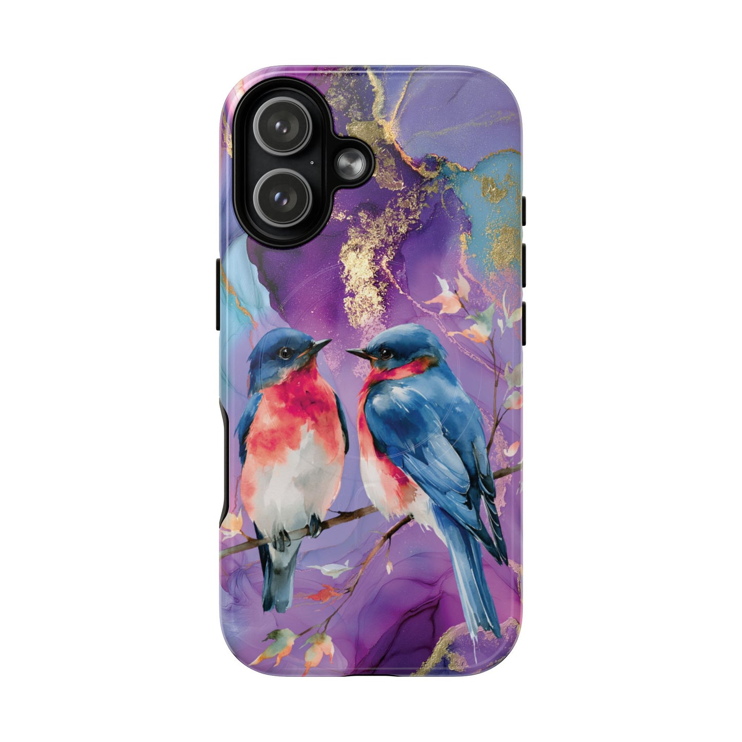 Bird Pair Tough Magnetic Phone Case — Purple Watercolor Floral Design