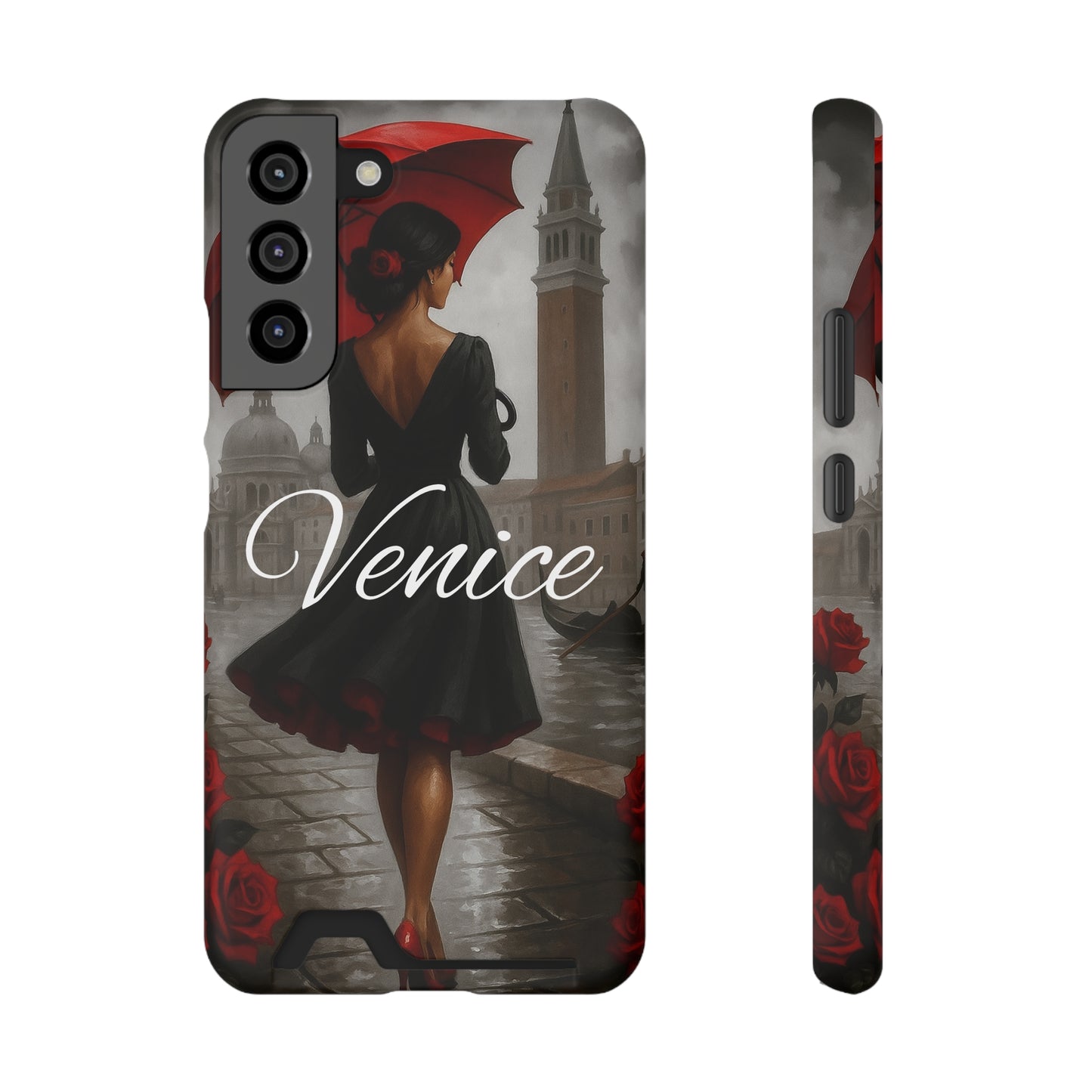 Phone Case With Card Holder, Venice Woman Design, Rainy Day Phone Wallet, Traveler Gift, Italian Art Accessory, Cute Cellphone Cover