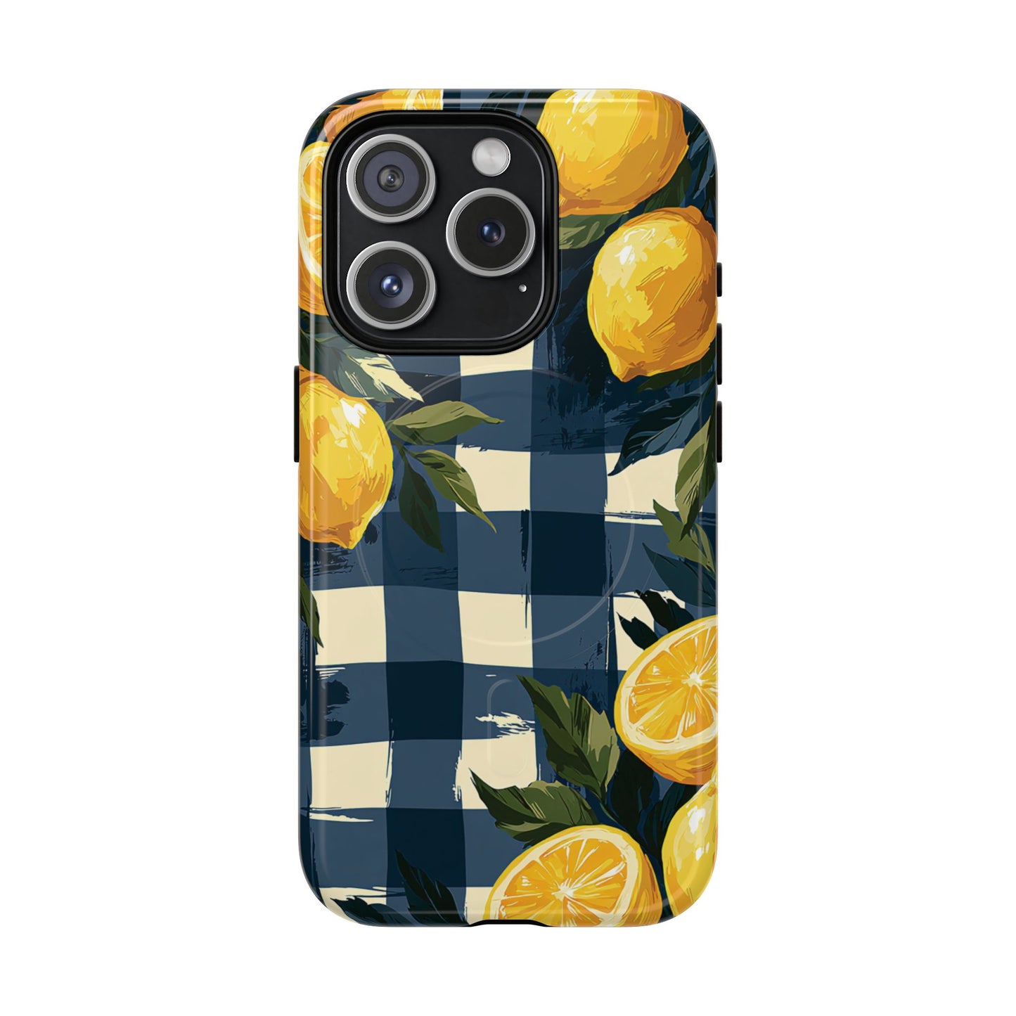 Lemon Check Tough Magnetic Phone Case — Blue Gingham Citrus Design