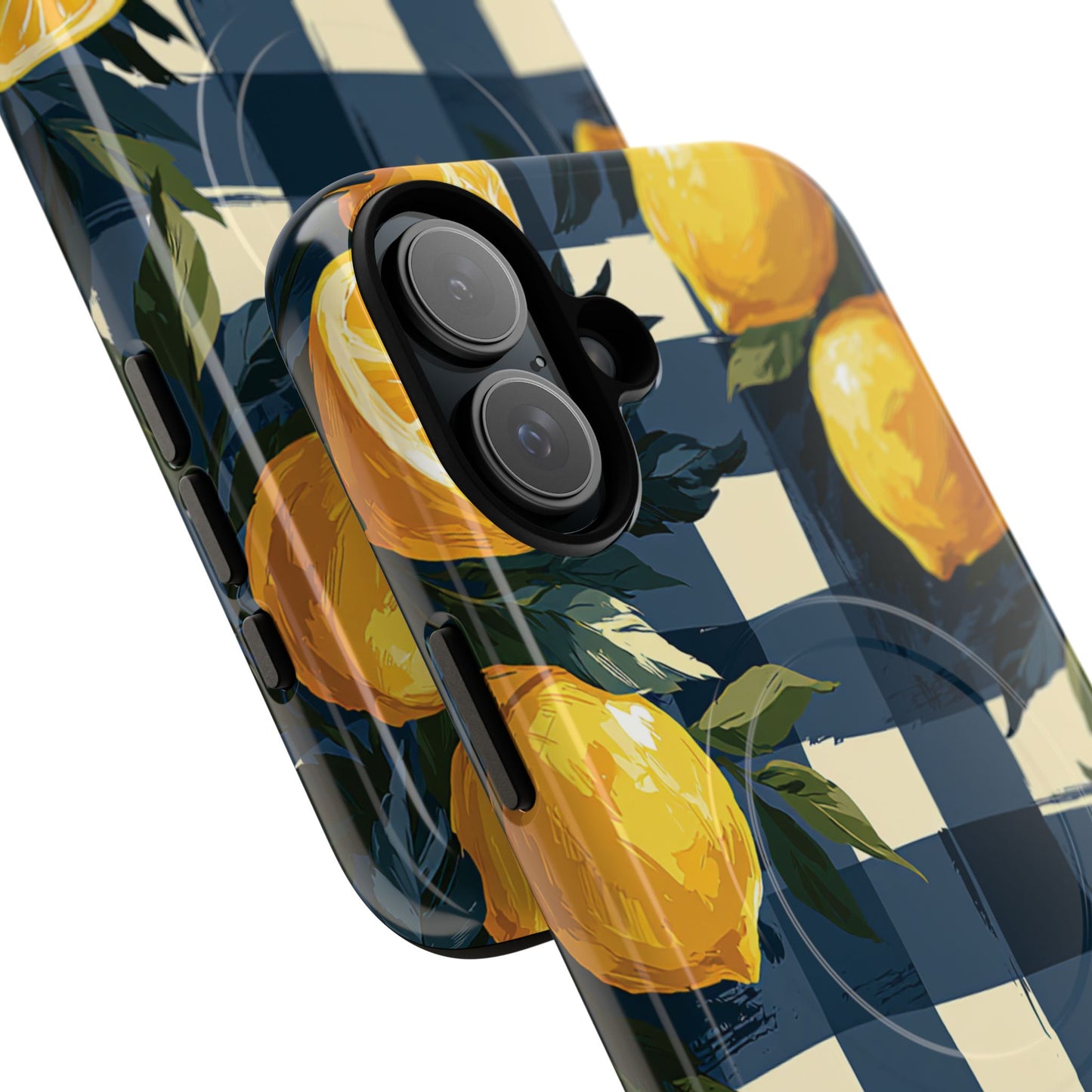 Lemon Check Tough Magnetic Phone Case — Blue Gingham Citrus Design