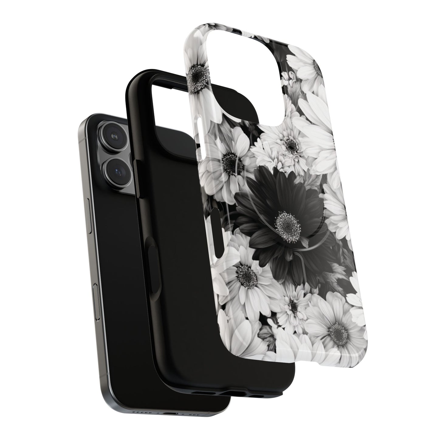 Black & White Floral Tough Magnetic Phone Case — Monochrome Daisy Protection
