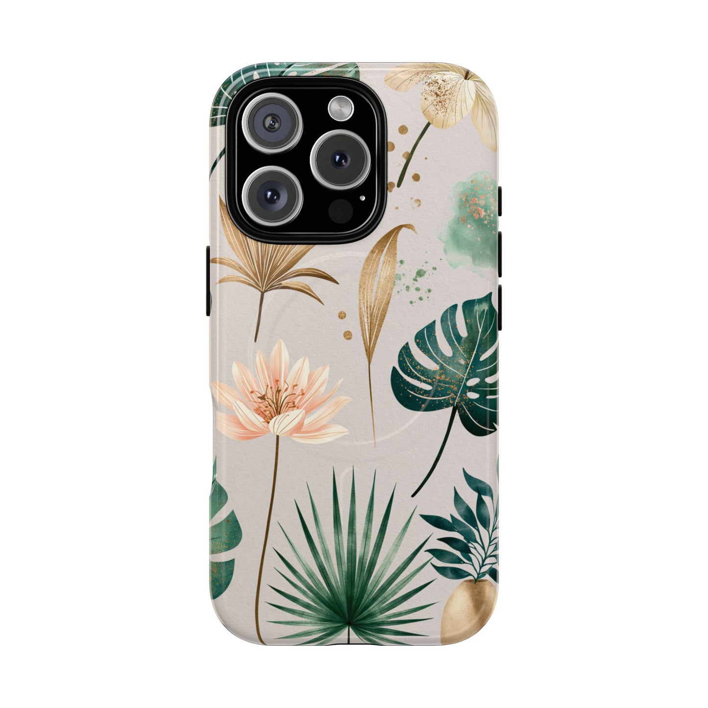 Floral Tropical Tough Magnetic Phone Case — Green Palm & Gold Leaf Design