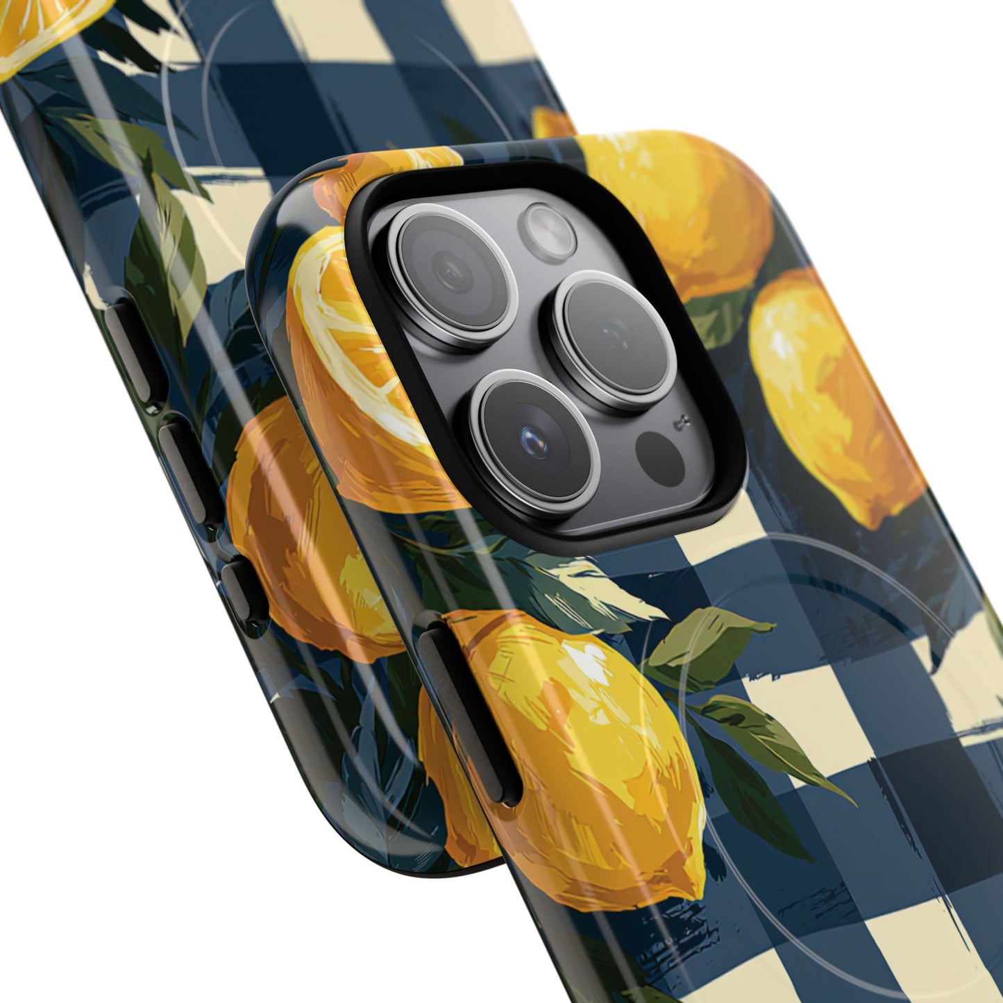 Lemon Check Tough Magnetic Phone Case — Blue Gingham Citrus Design
