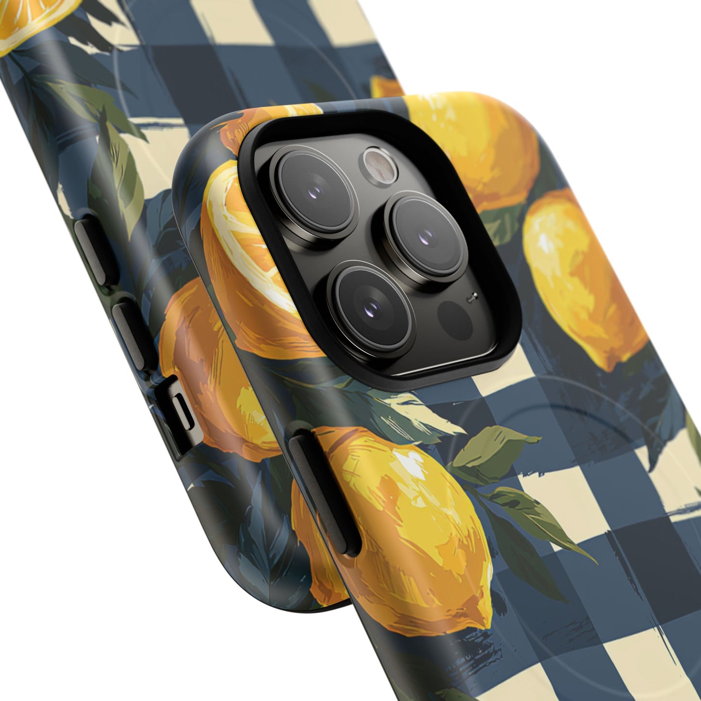 Lemon Check Tough Magnetic Phone Case — Blue Gingham Citrus Design