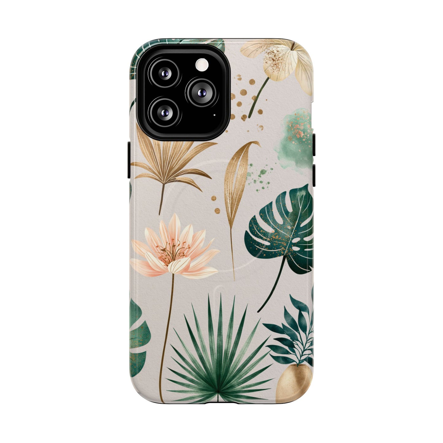 Floral Tropical Tough Magnetic Phone Case — Green Palm & Gold Leaf Design