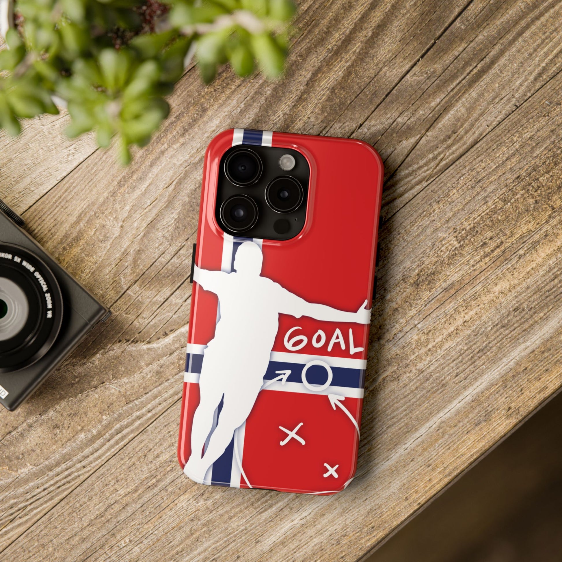 Glossy tough phone case with red Norway soccer background featuring stylized player goal celebration silhouette and tactical markings
